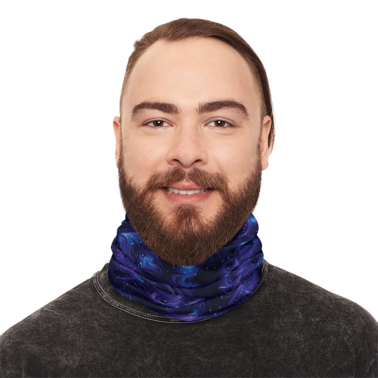 "A tiling pattern of swirling blue and purple fractal shapes reminiscent of galaxy nebulae on a midnight blue background" - Lightweight Neck Gaiter