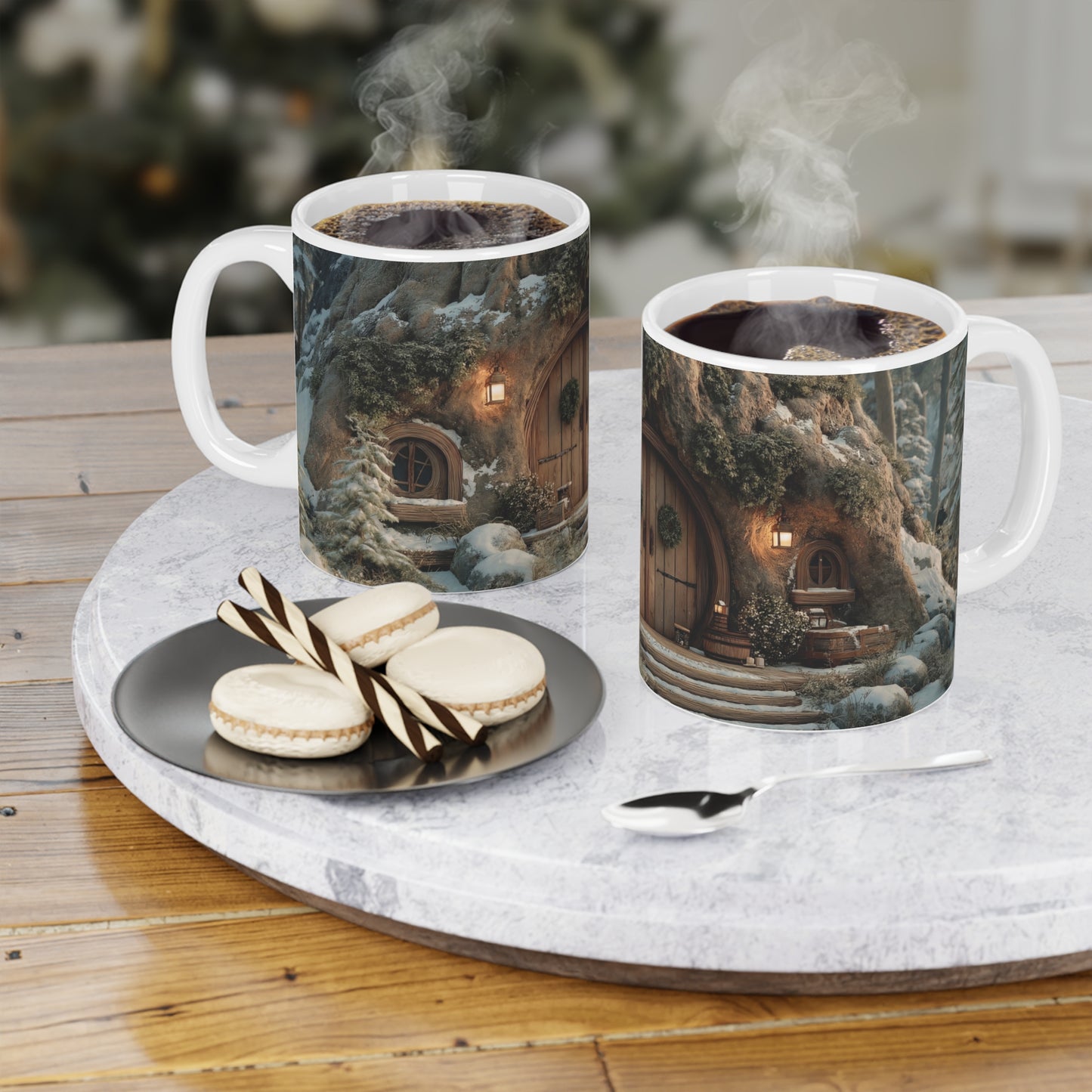 Winter Hollow Treehouse Mug – Warm Hearth Glow in Snow