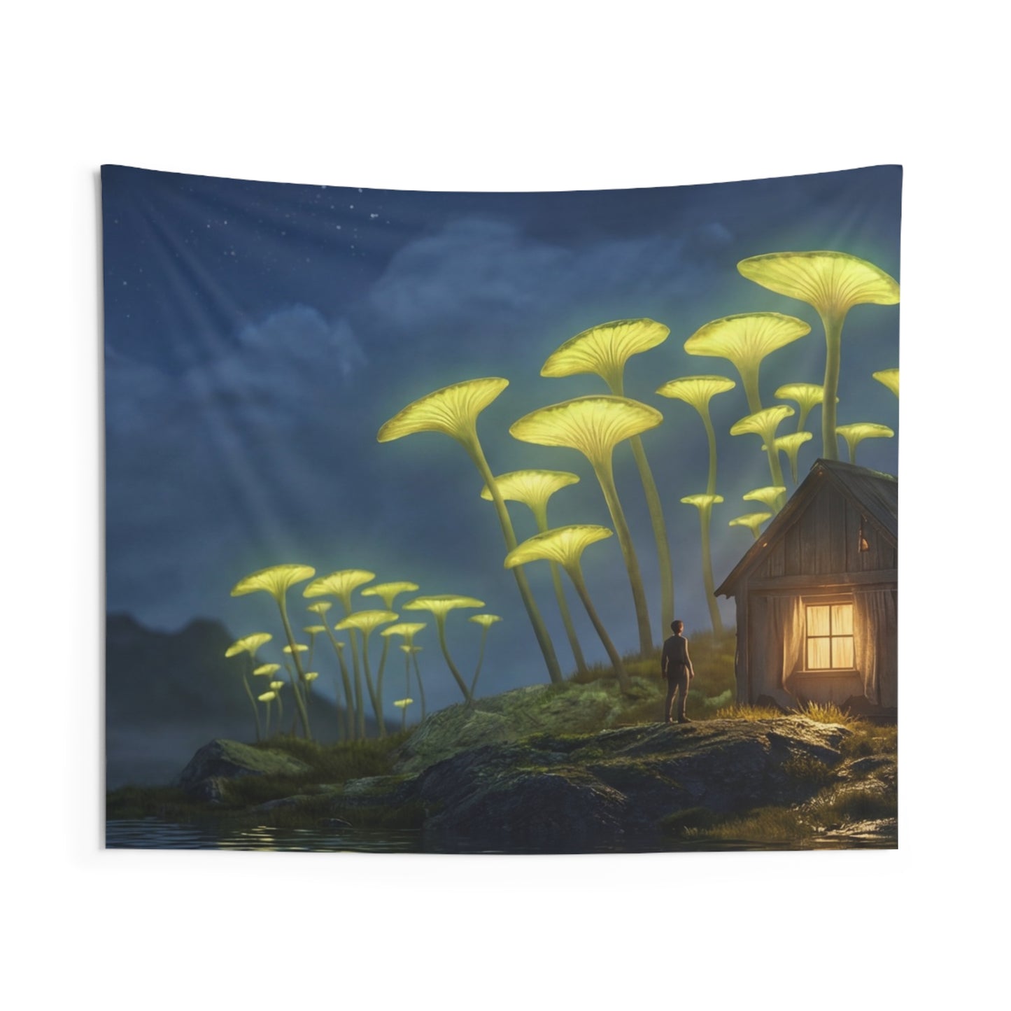 Luminescent Mushroom Cabin Wall Tapestry – Night’s Quiet Glow