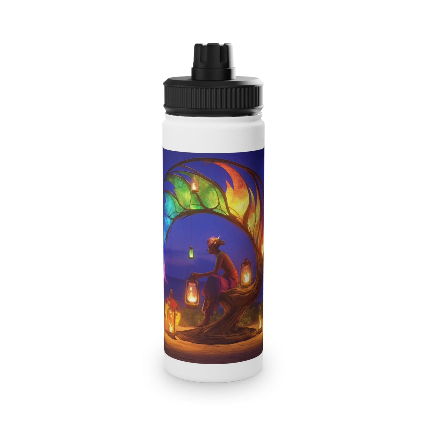 Luminous Phoenix Arch Water Bottle – Twilight Sanctuary with Hanging Lanterns