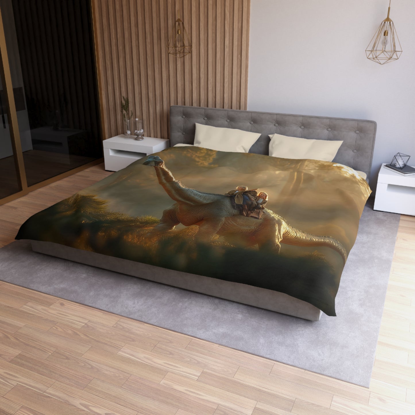 Dinosaur Rider Microfiber Duvet Cover – Golden Forest Journey with Gentle Giant