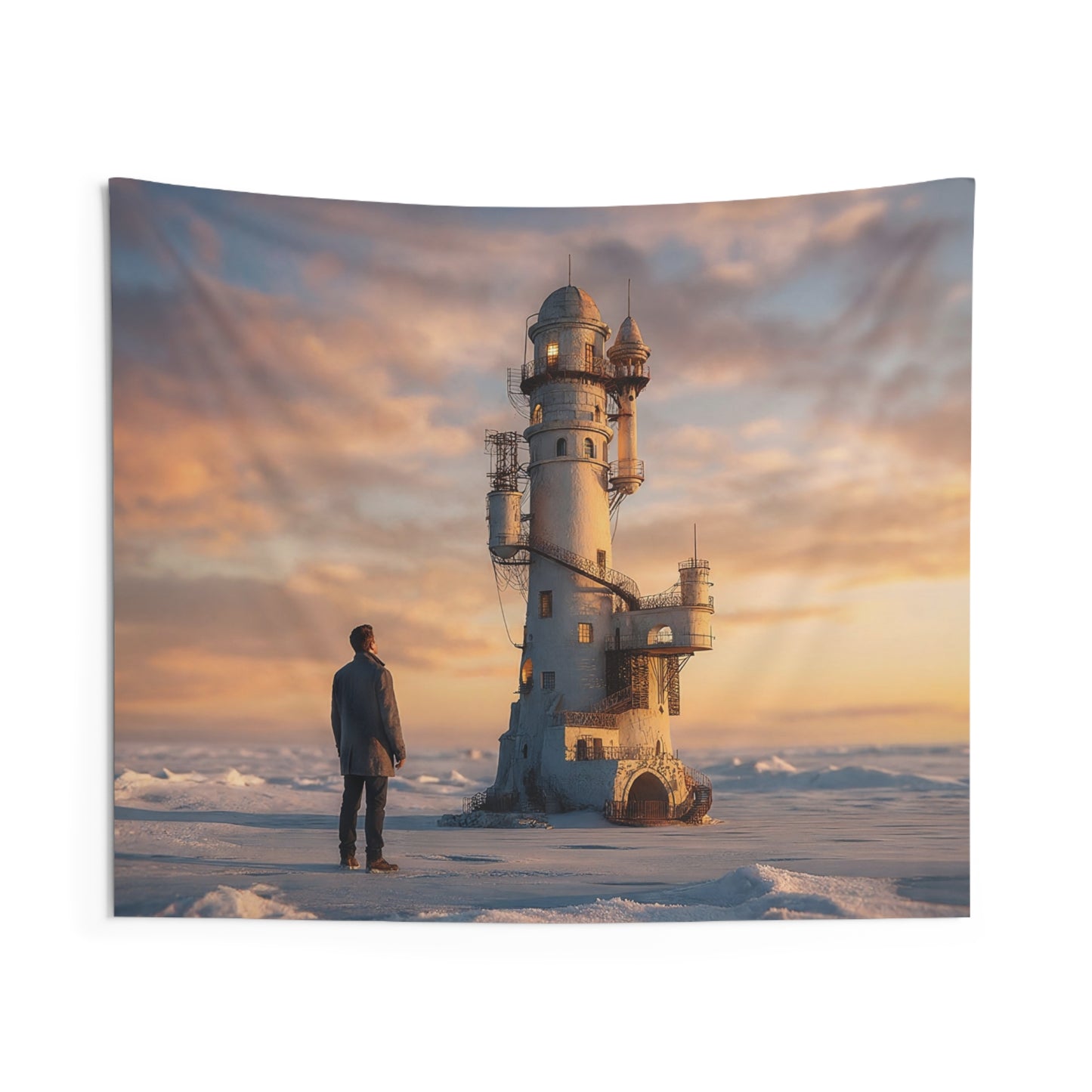 Solitary Lighthouse Wall Tapestry – Warm Glow Against Frozen Skies