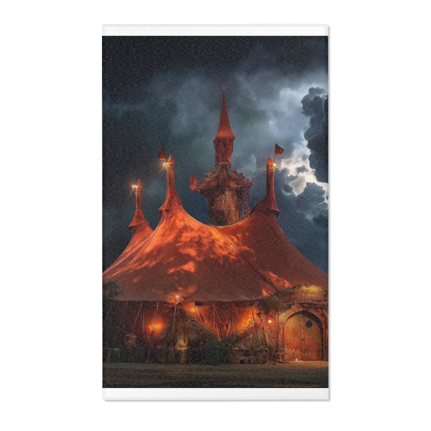 Crimson Carnival Tent Rug – City Skyline Under Thunderous Canopy