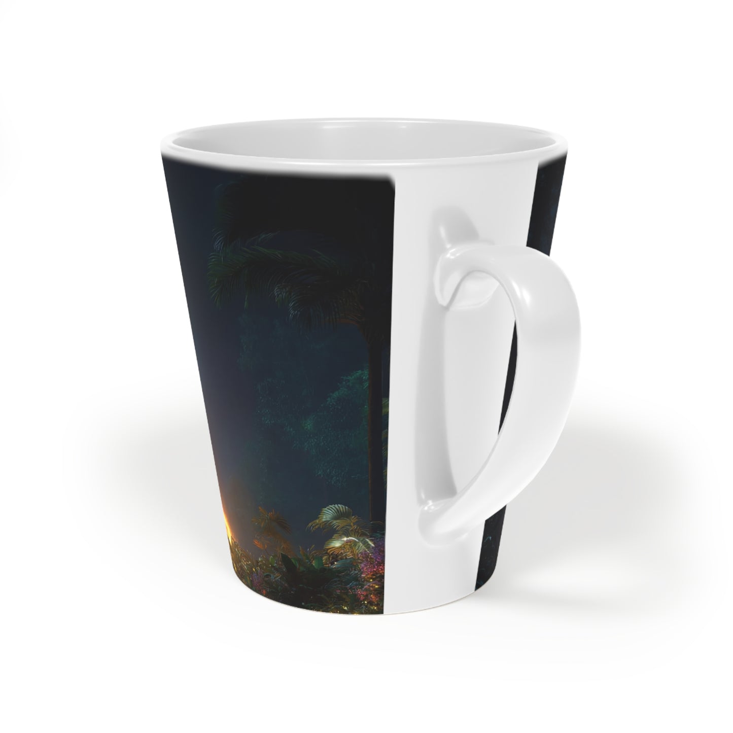 Luminous Floating Island Latte Mug – Amber Glow Through Tropical Night
