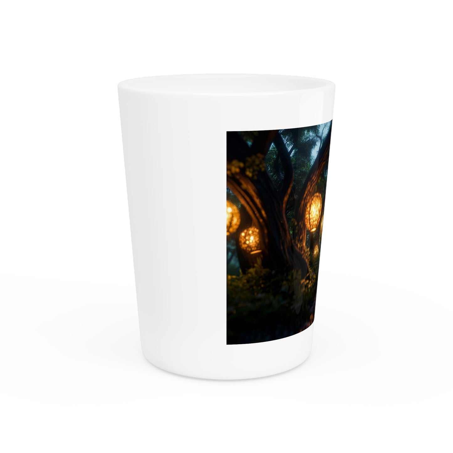 Luminous Forest Path Shot Glass – Warm Lanterns Through Ancient Trees