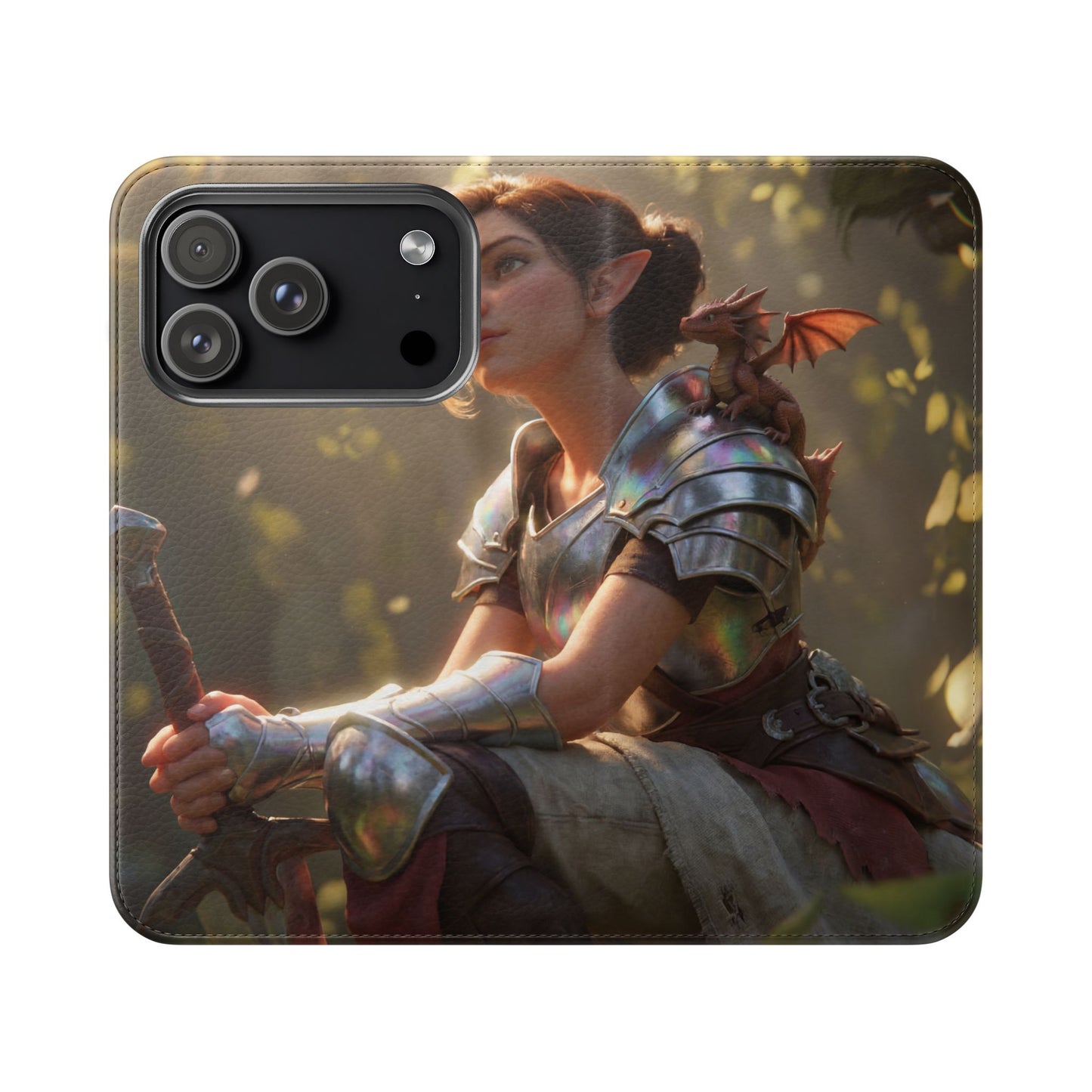 Elven Knight with Dragon Flip Cases – Iridescent Armor & Tiny Guardian Portrait