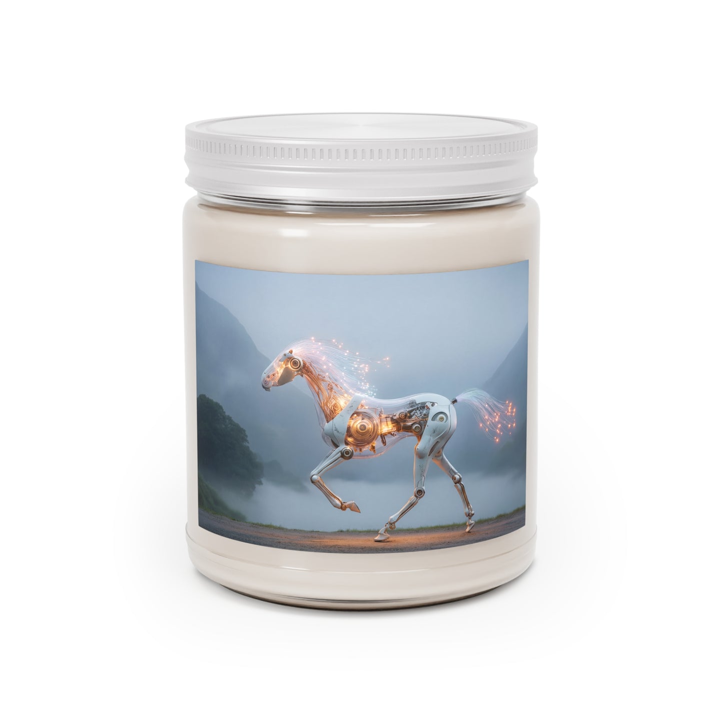 Luminescent Cyber Horse Scented Soy Candles with White Lid, 9oz – Circuitry and Twilight Dreamscape