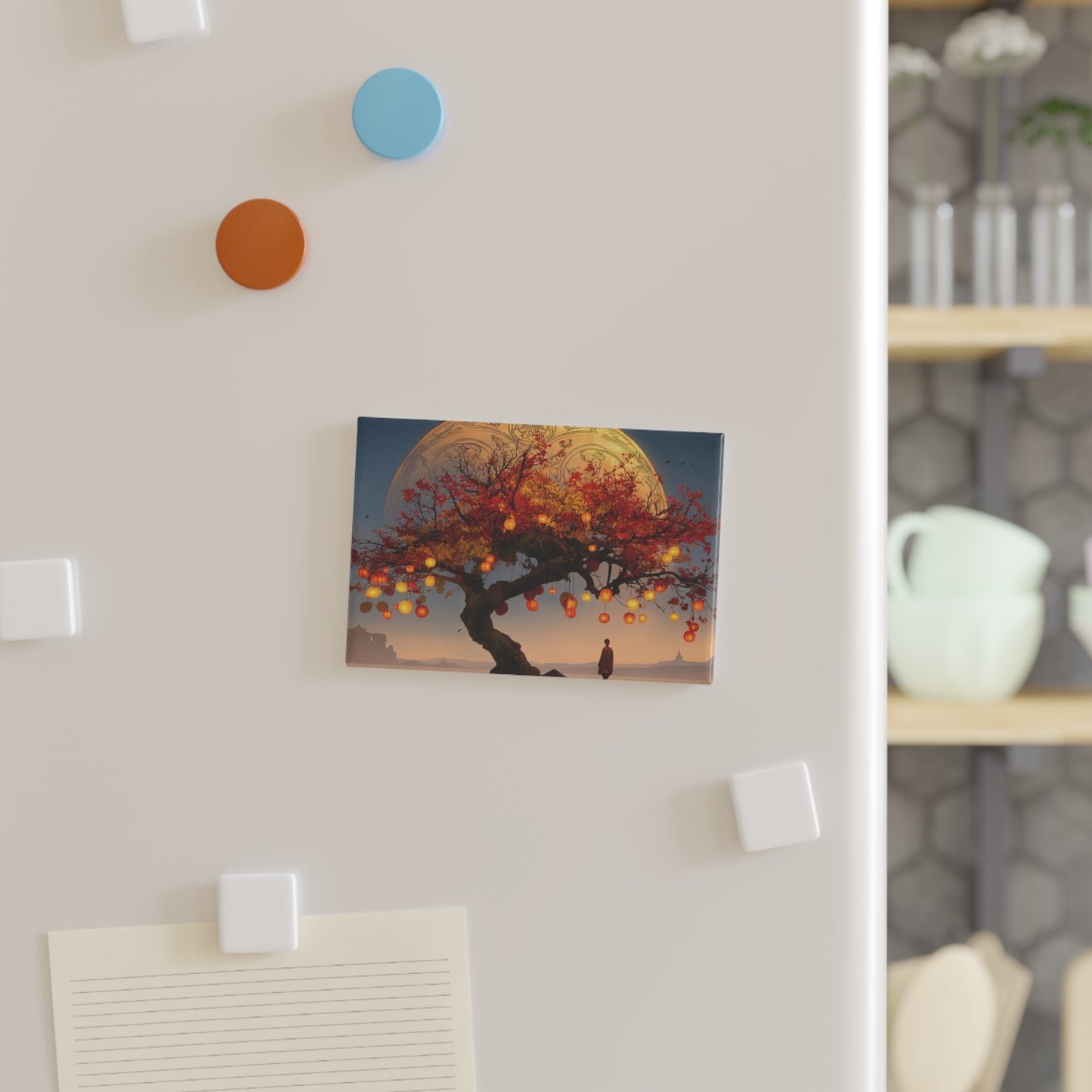 Lantern Tree Under Celestial Moon Button Magnet, Rectangle (1 & 10 pcs) – Autumn’s Quiet Revelation