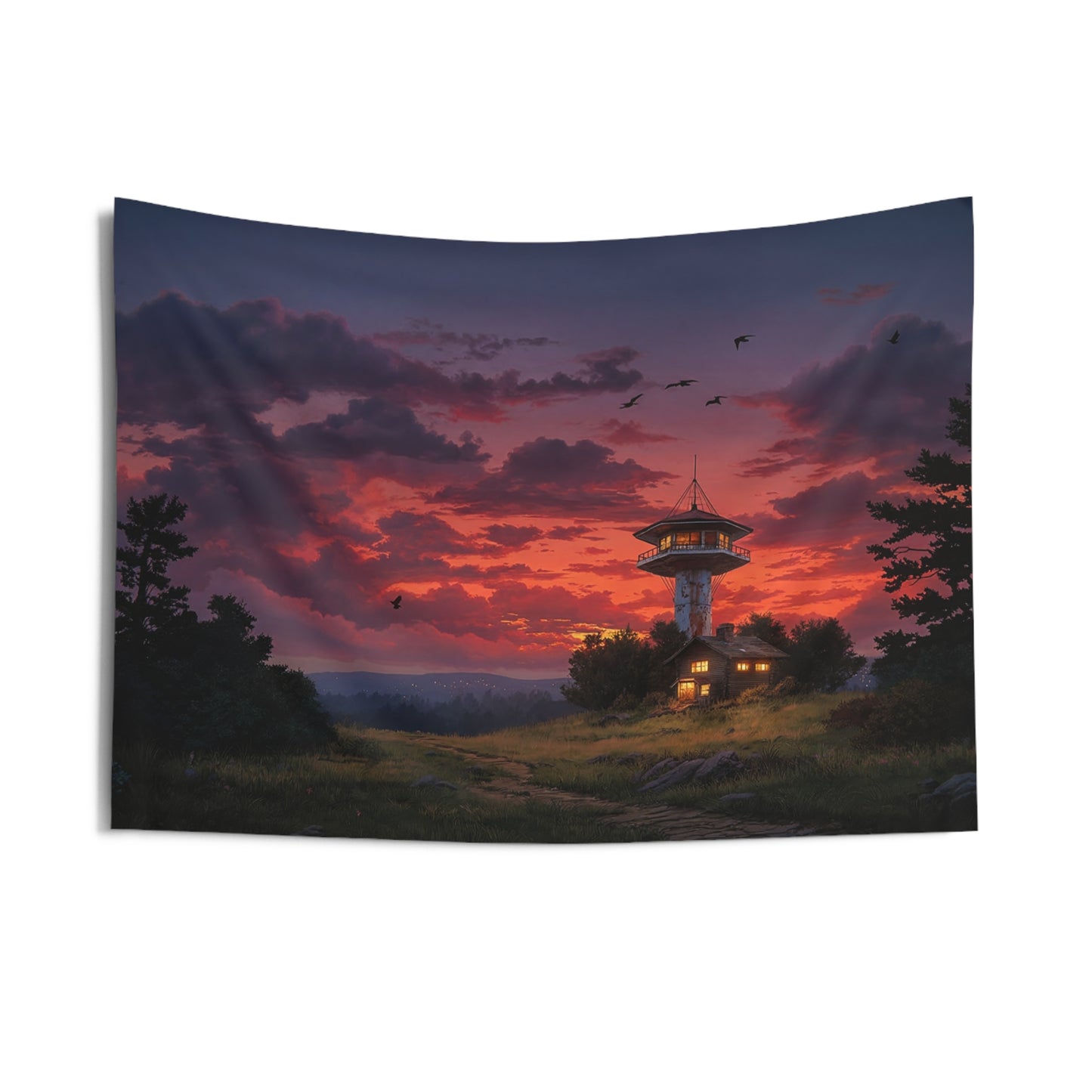 Twilight Watchtower Wall Tapestry – Crimson Sky Over Mountain Sentinel