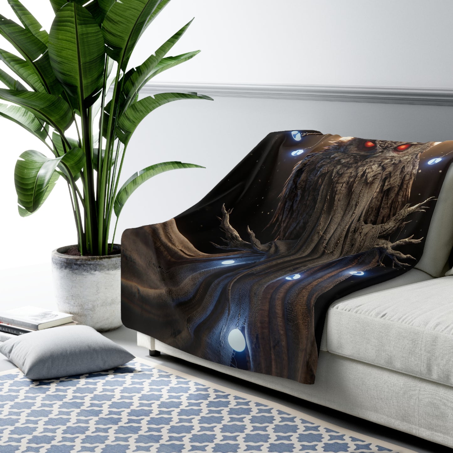 Moonlit Stag-Owl Sentinel Sherpa Fleece Blanket – Whispers of the Watchful Woods