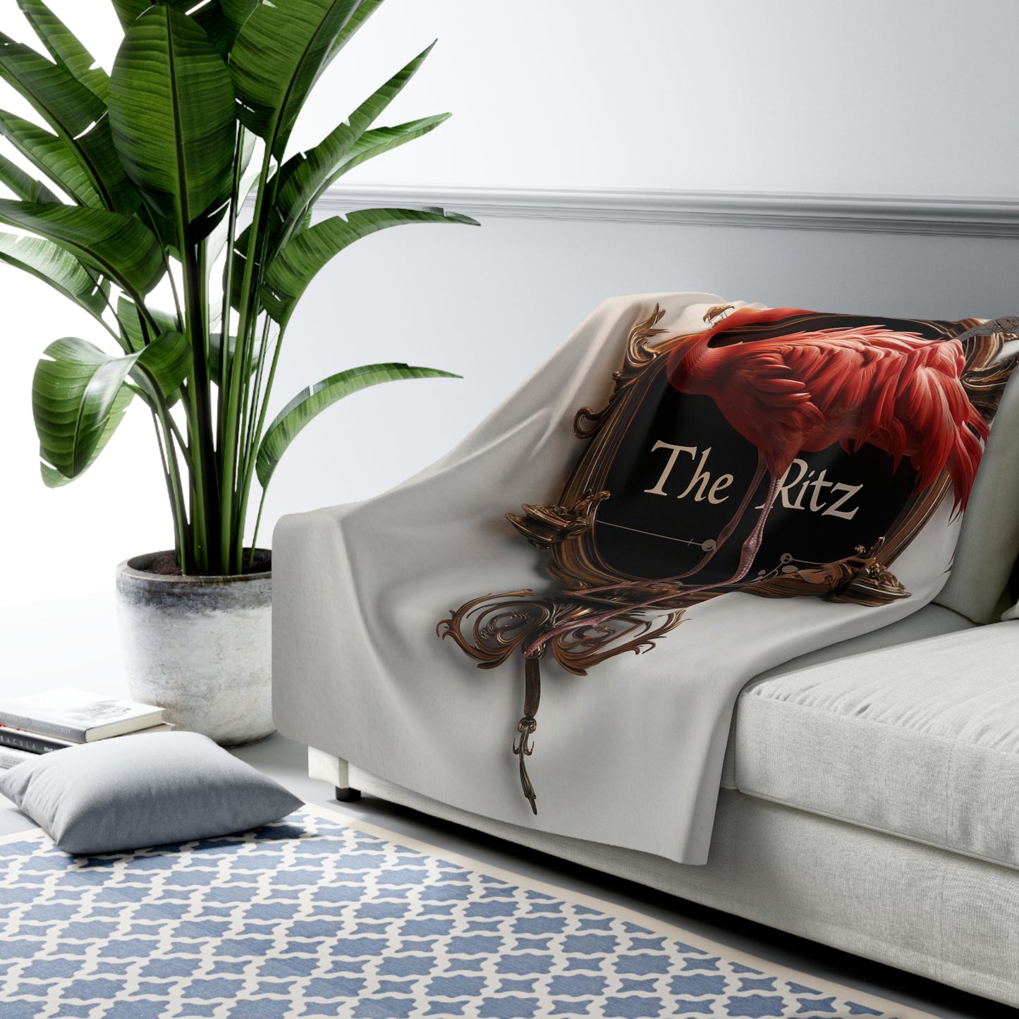 Flamingo in Gilded Frame Sherpa Fleece Blanket – Velvet Nights at The Ritz