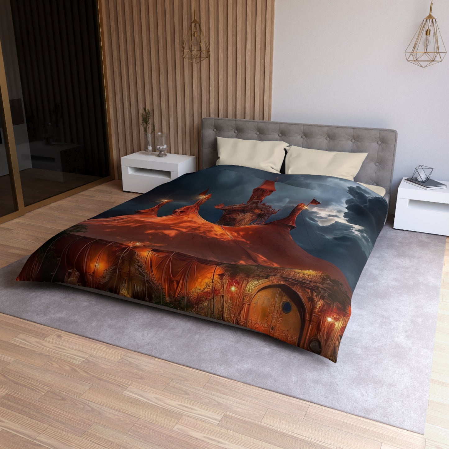 Crimson Carnival Tent Duvet Cover – City Lights Under Stormy Skies