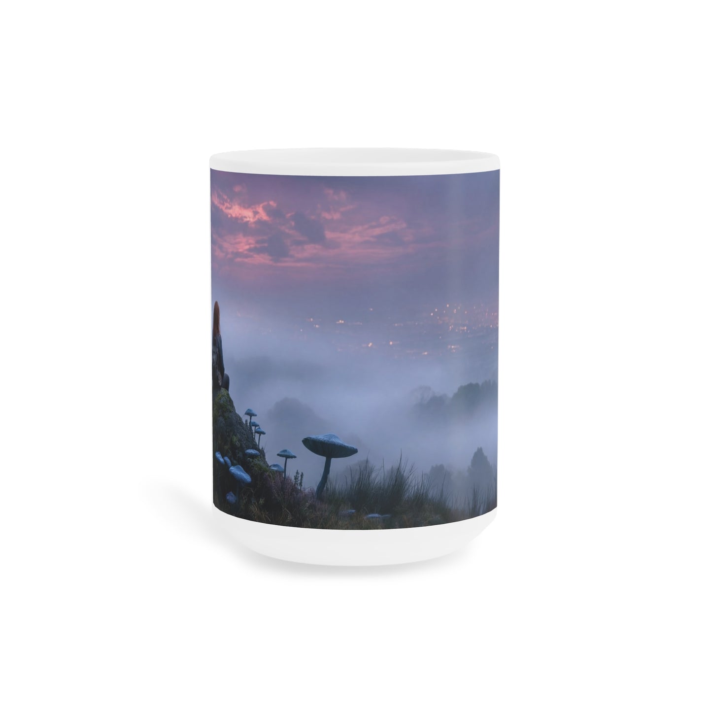 Twilight Sentinel Ceramic Mugs (11oz\15oz\20oz) – Moonlit Peak and Misty Cityscape