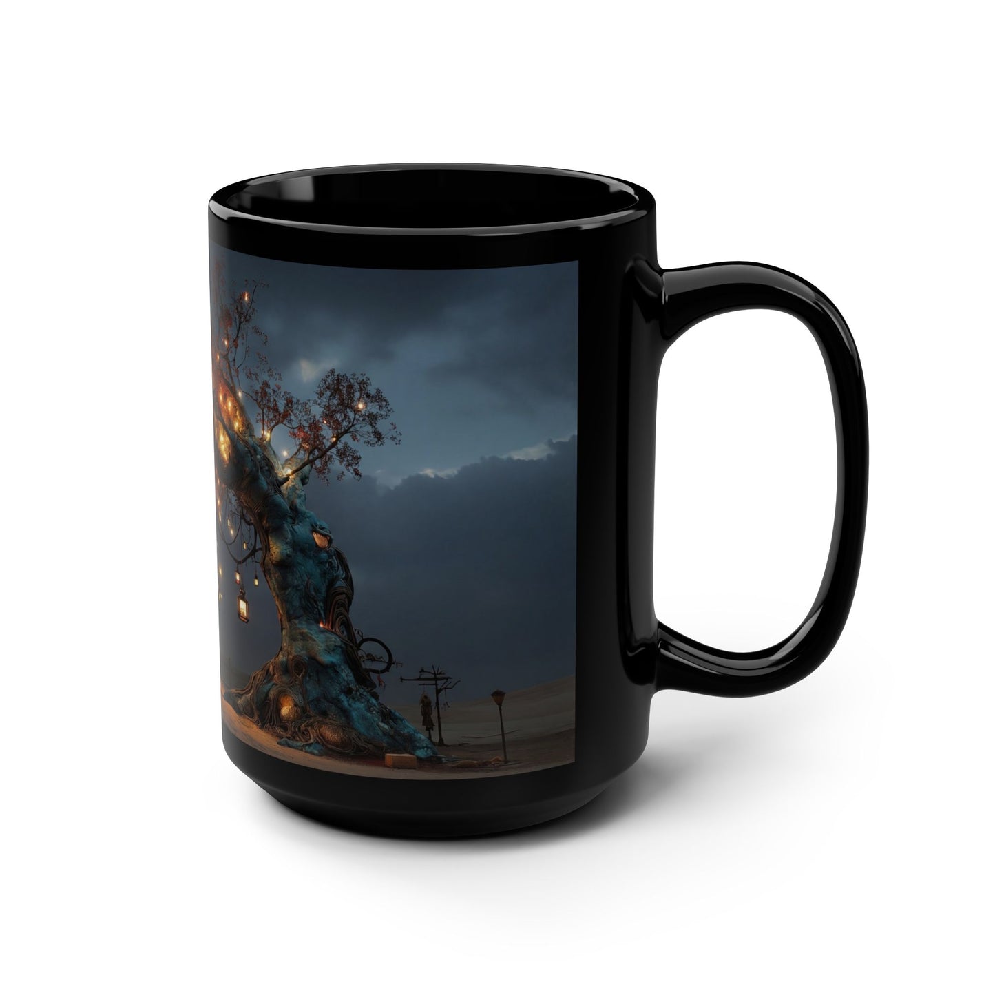 Lantern Tree Black Mug, 15oz – Bioluminescent Grove Sanctuary