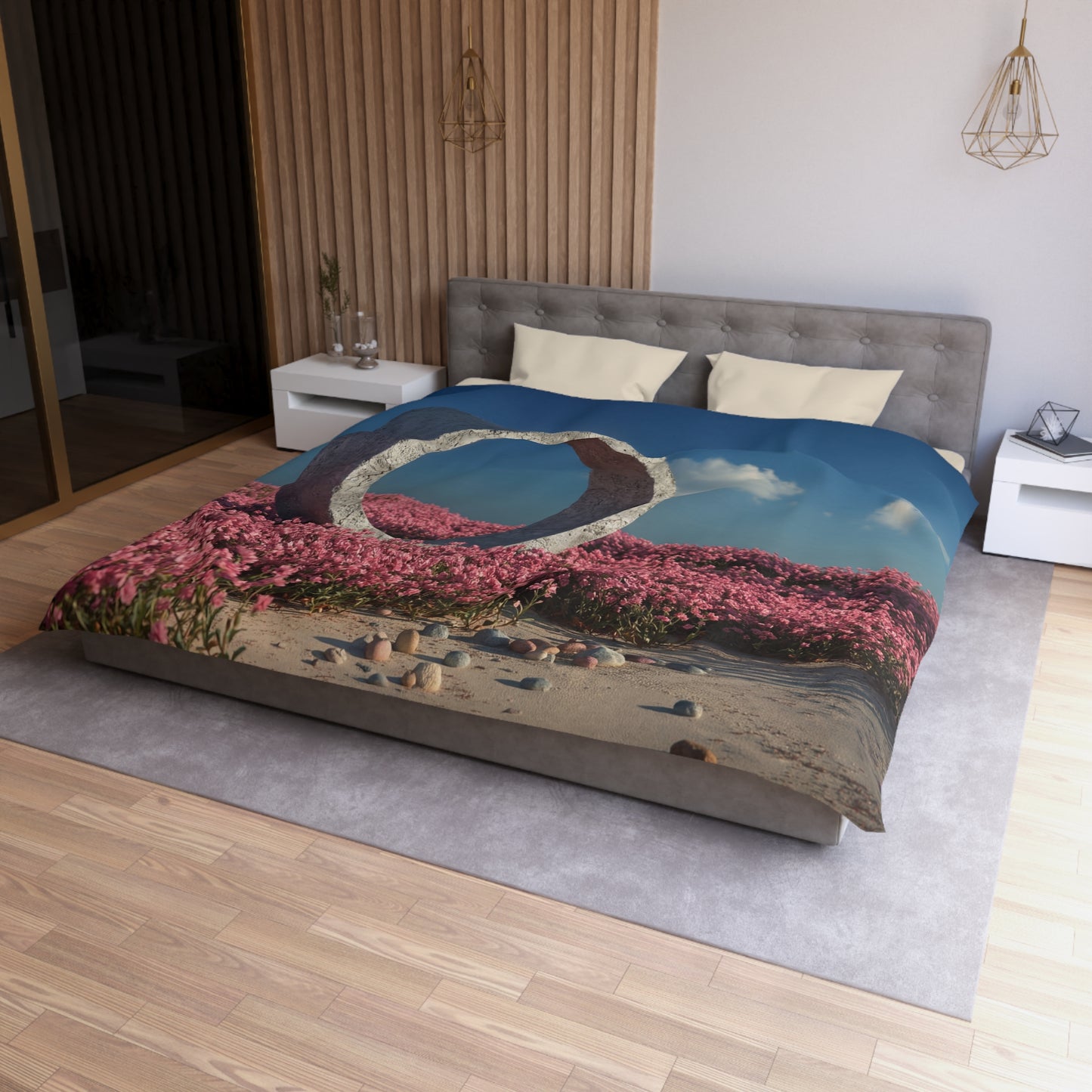 Concrete Circle Duvet Cover – Pink Flower Field Dreamscape