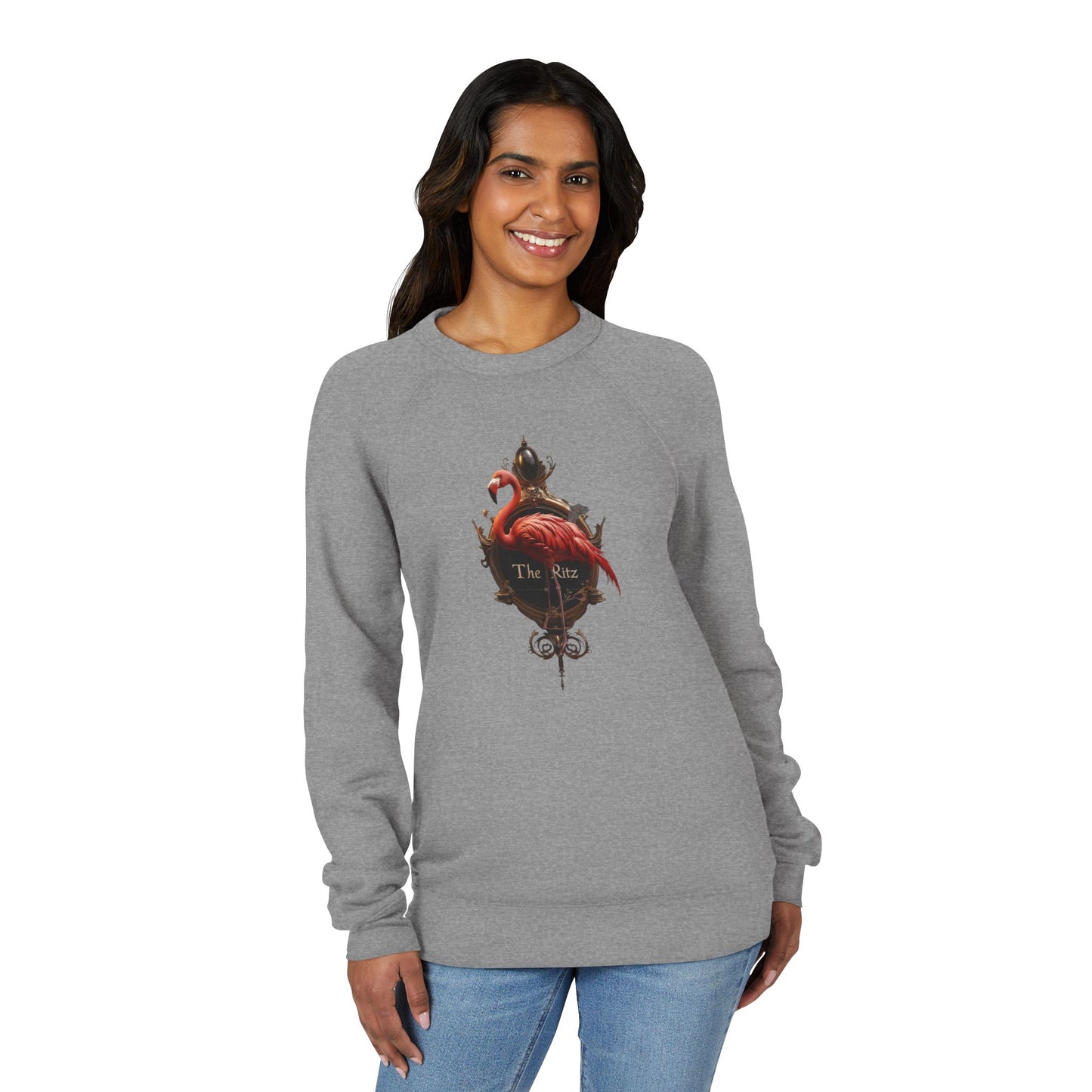 The Ritz Flamingo Raglan Sweatshirt – Opulent Gold Frame & Crimson Bird Art