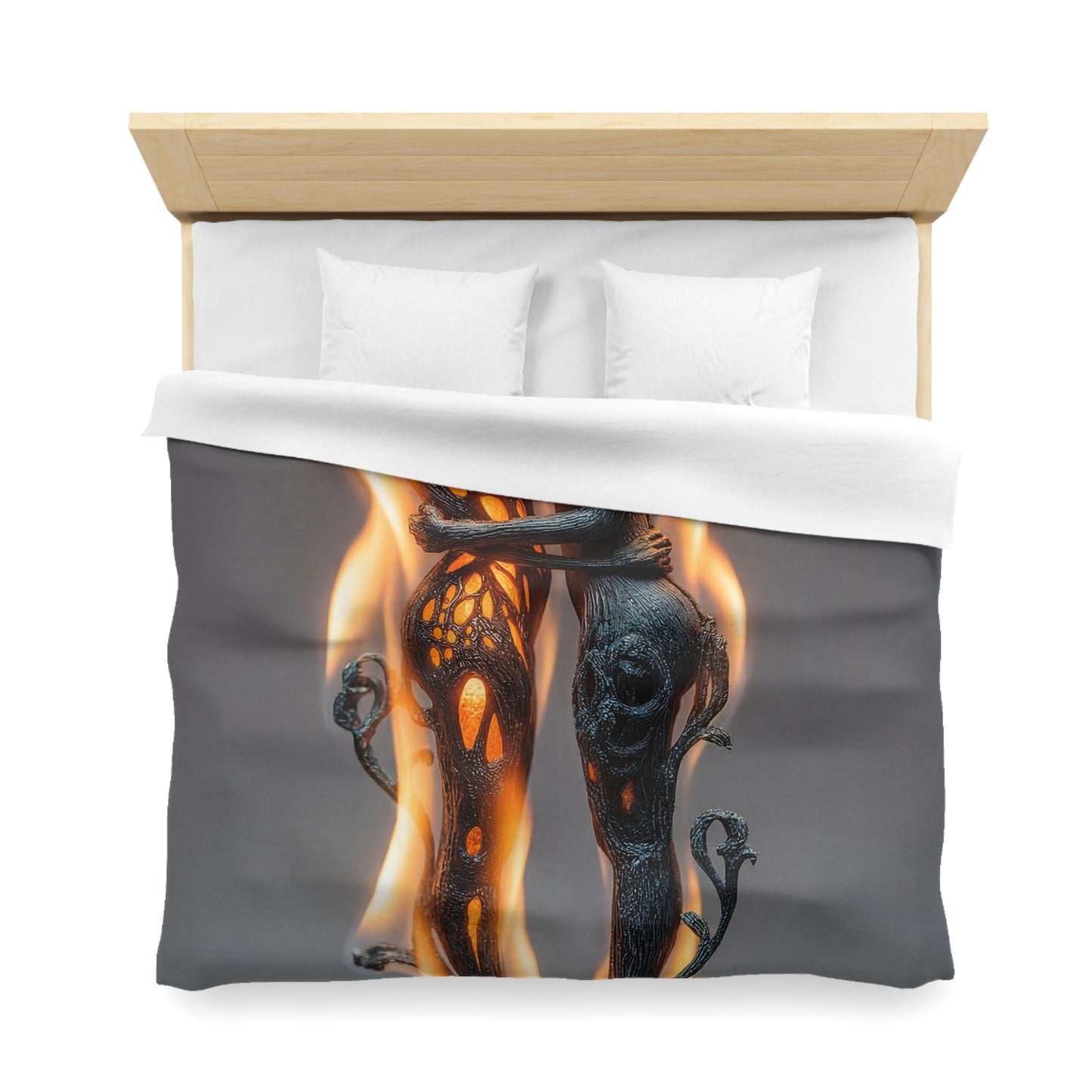Flame-Embraced Lovers Microfiber Duvet Cover – Intertwined in Gilded Fire