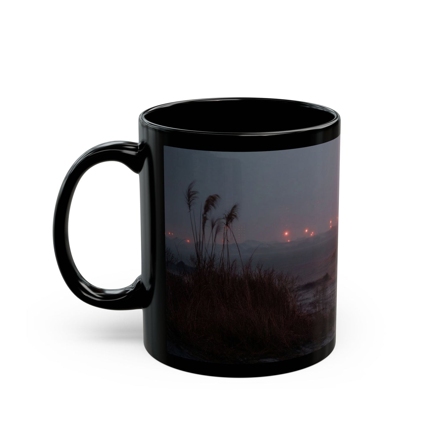 Crimson Carnival Tent Black Mug – Foggy Shoreside Spectacle
