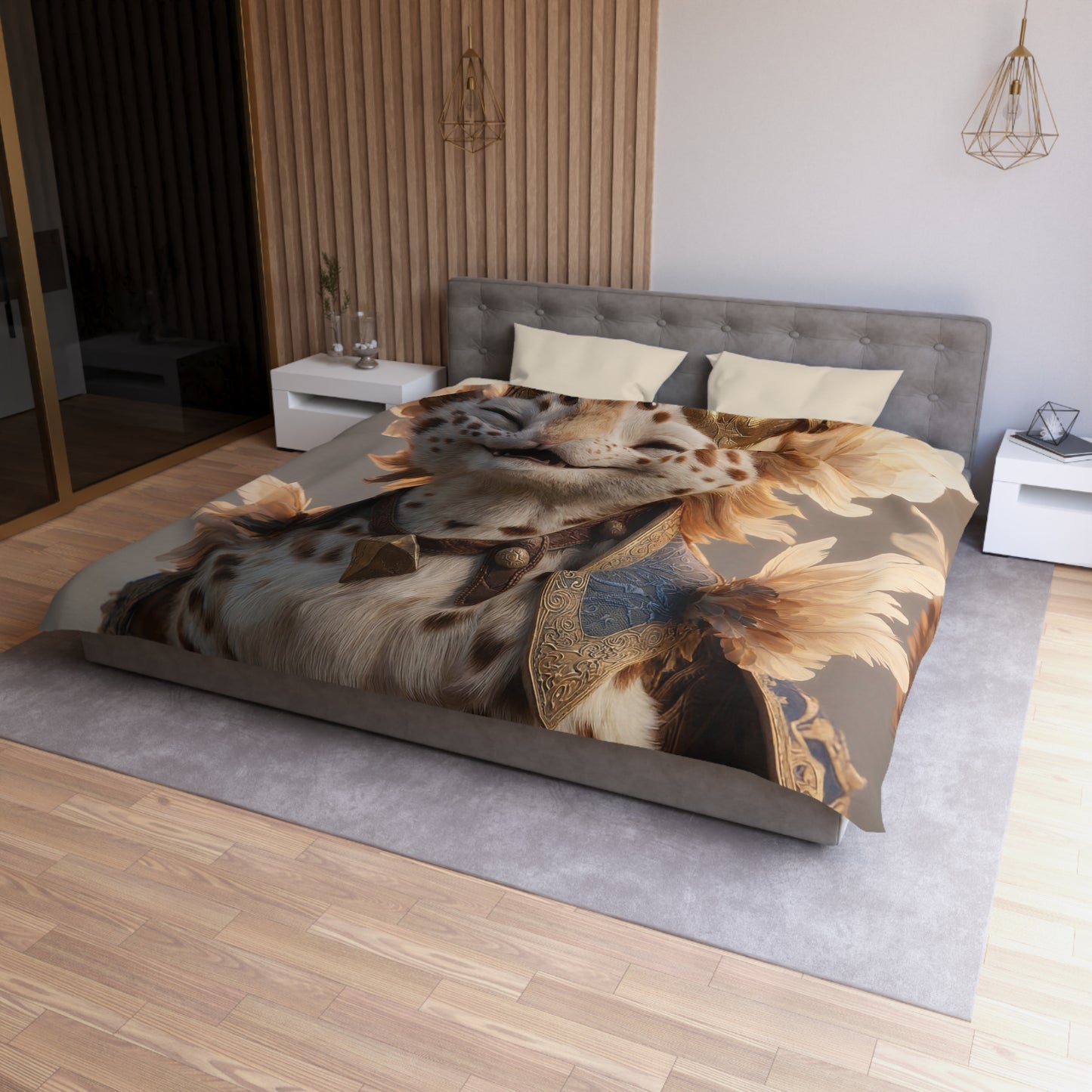 Regal Feline Sentinel Microfiber Duvet Cover – Sunlit Crown of Feathers