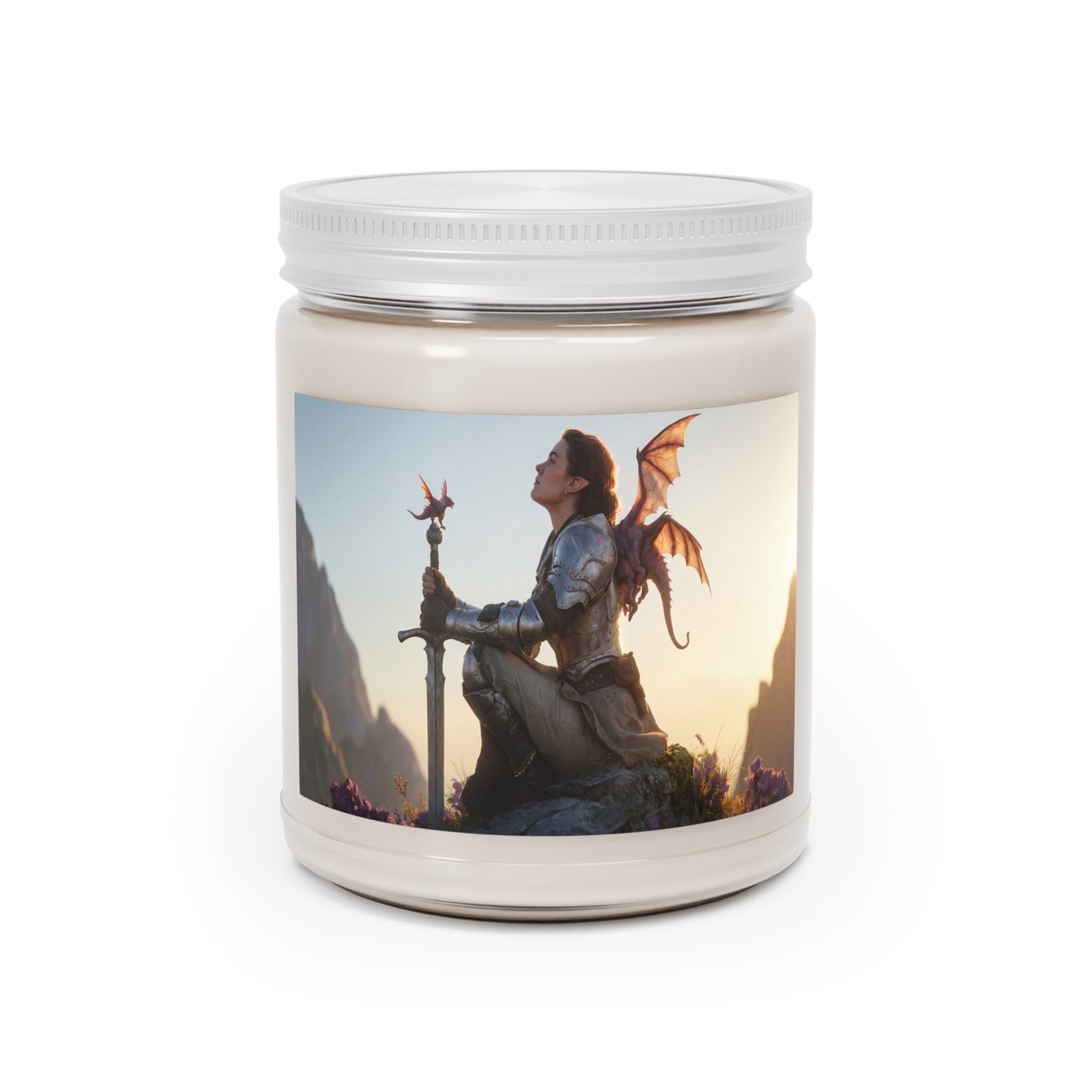 Dragon-Scaled Warrior Scented Soy Candles with White Lid, 9oz – Sunset Sentinel’s Resolve
