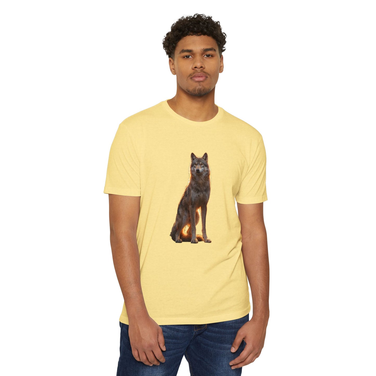 Gaze of the Lone Wolf Unisex CVC Jersey T-shirt – Amber Light Sentinel Portrait