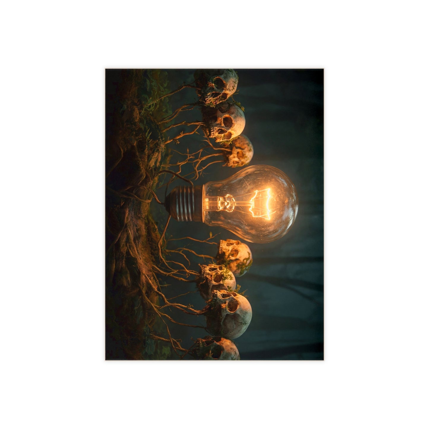 Glowing Bulb in Skull Garden Ceramic Photo Tile – Wisdom’s Warm Glow in the Dark