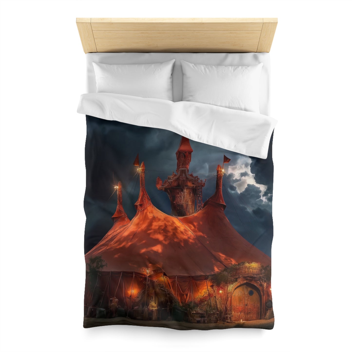 Crimson Carnival Tent Duvet Cover – City Lights Under Stormy Skies