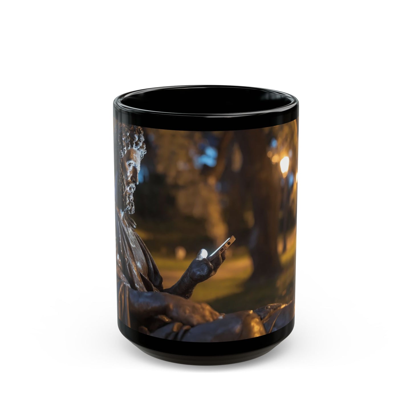 Bronze Statue with Smartphone Mug – Twilight Park Bench Digital Muse
