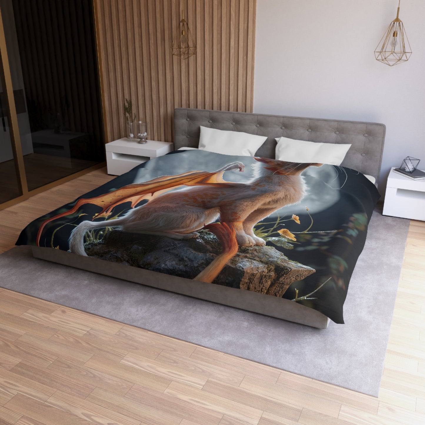 Lunar Dragon Cat Microfiber Duvet Cover – Moonlit Whispers on Your Bed
