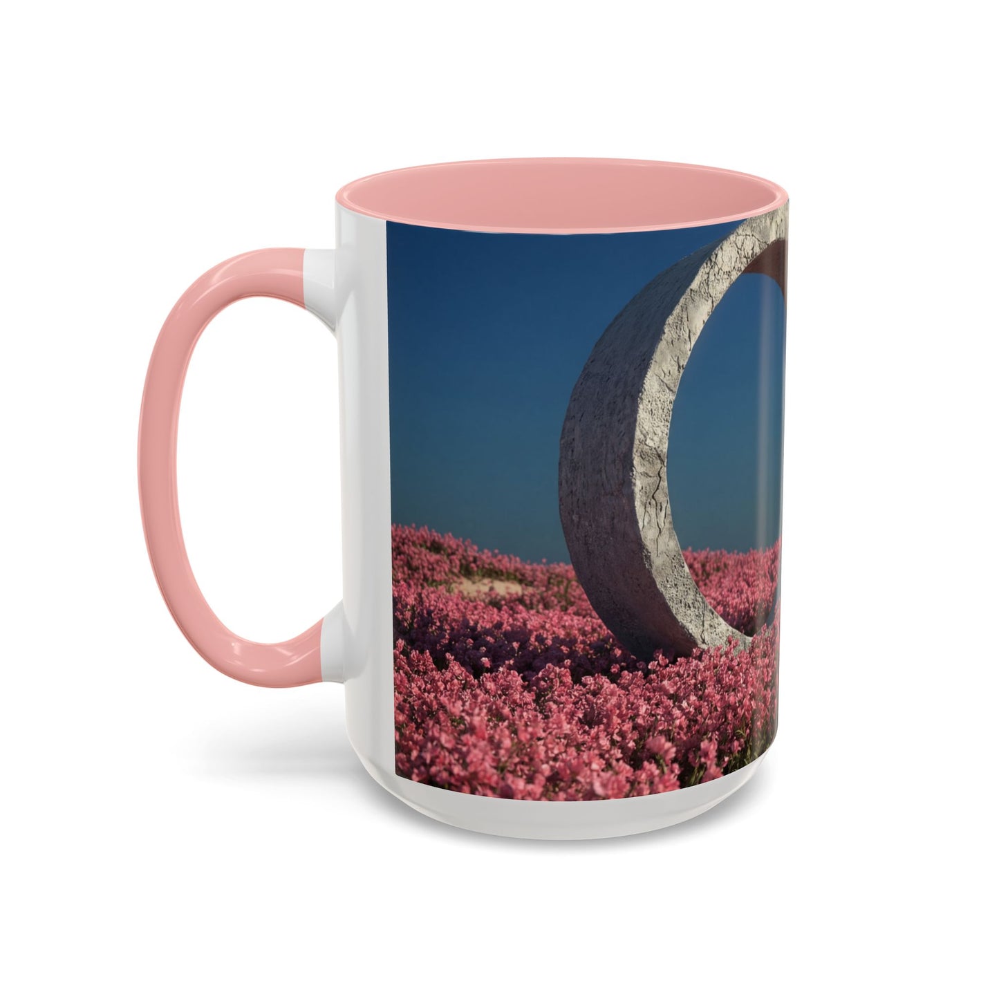 Stone Ring Garden Bloom Accent Coffee Mug – Cracked Concrete Portal in Pink Wildflowers