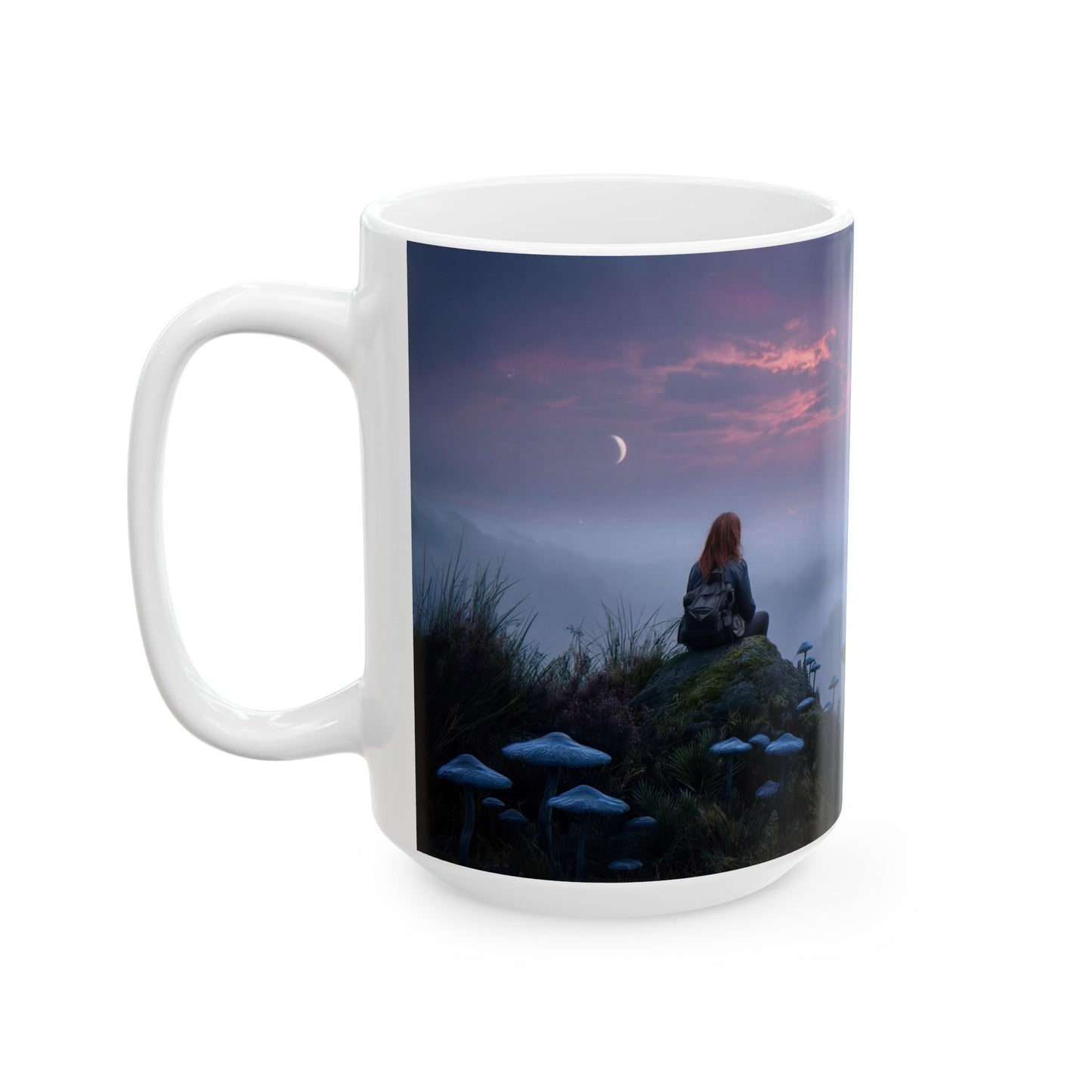 Moonlit Sentinel Ceramic Mug – City Glow Through Fungal Twilight