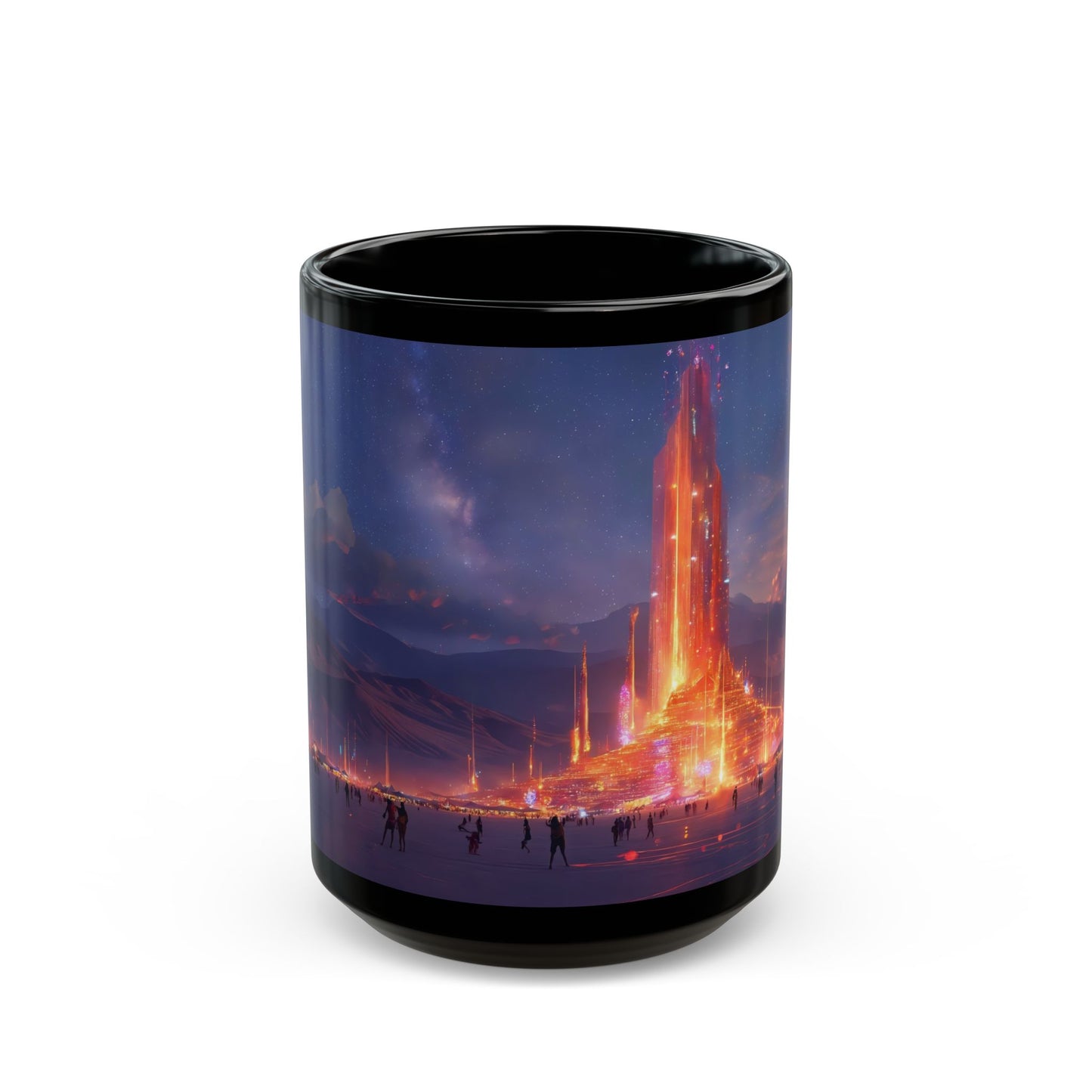 Cosmic Spire Black Mug – Neon Desert Temple Dreamscape