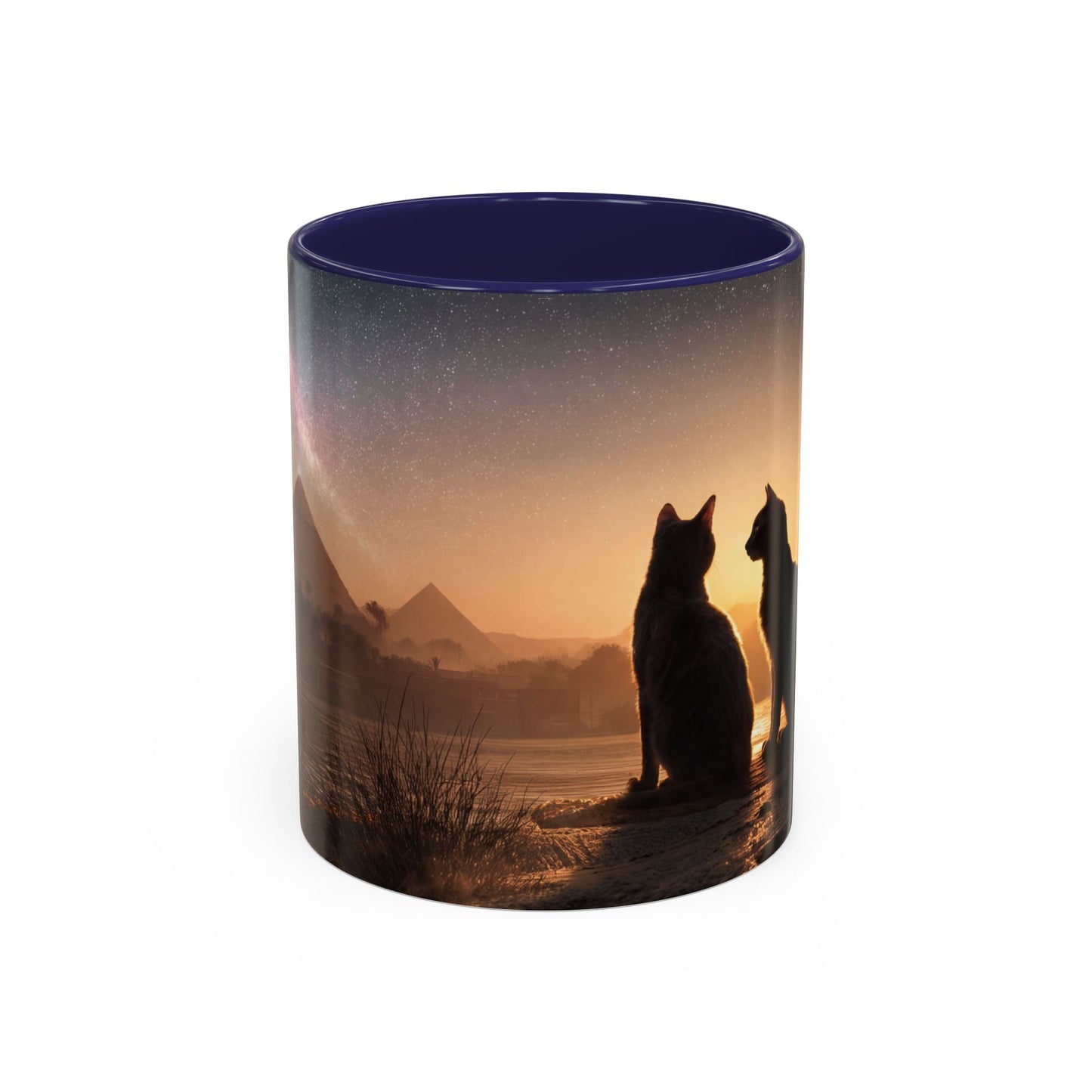 Starry Nile Guardian Cats Accent Coffee Mug (11, 15oz) – Ancient Pyramids Milky Way