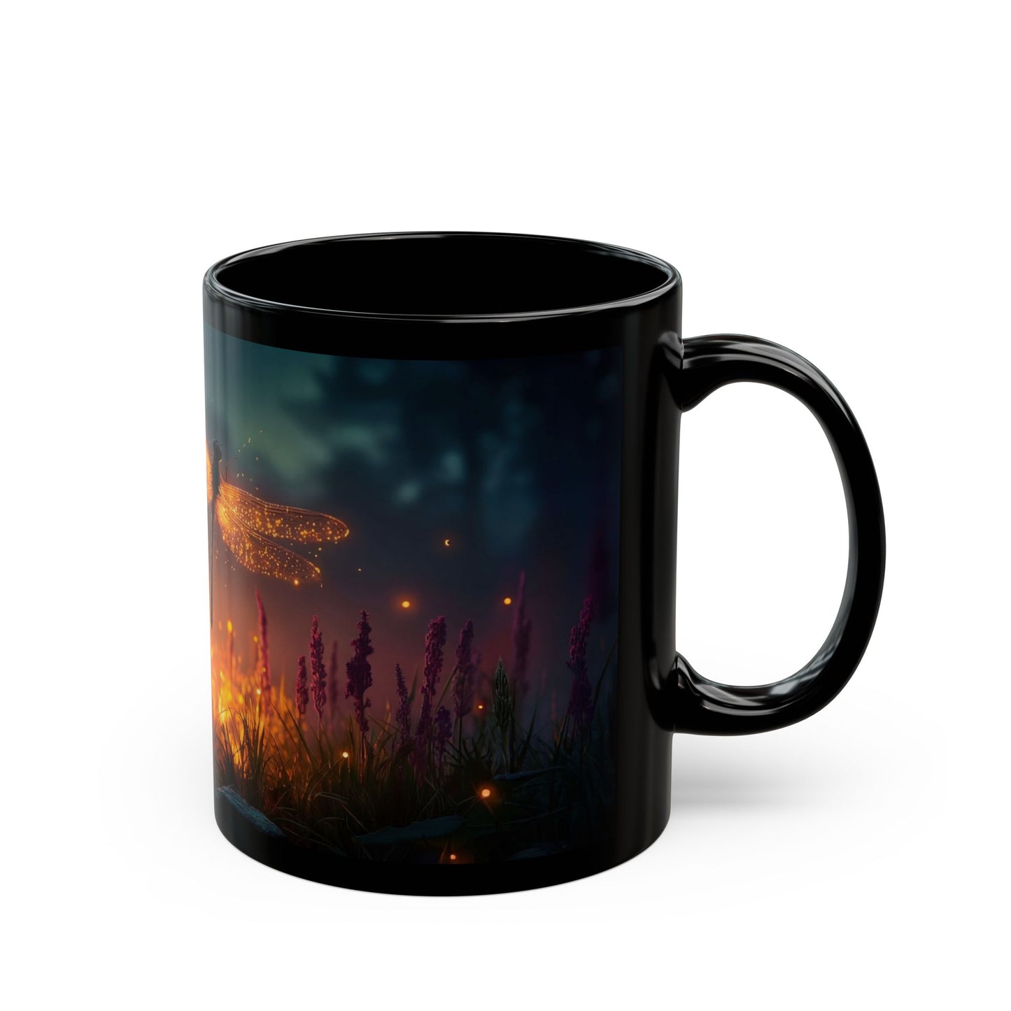 Glowing Dragonfly Black Mug – Twilight Meadow Dreamscape