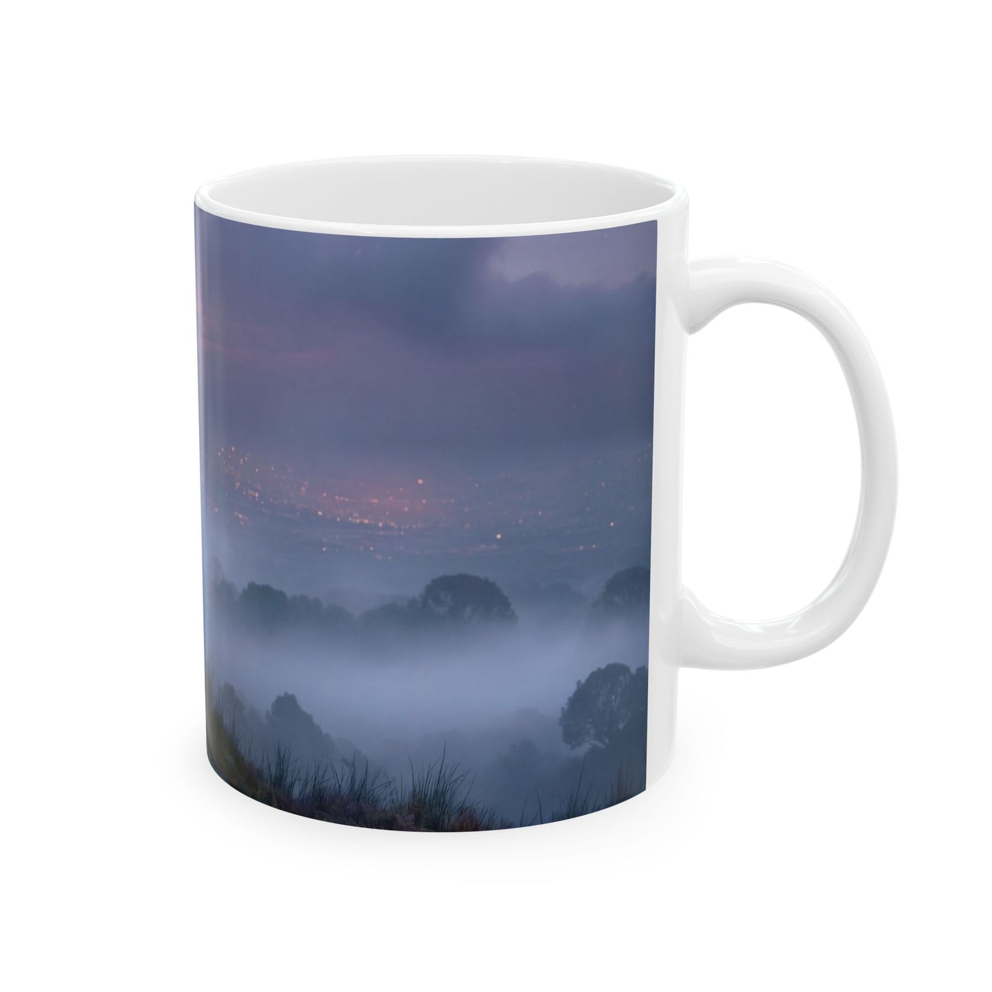 Moonlit Sentinel Ceramic Mug – City Glow Through Fungal Twilight