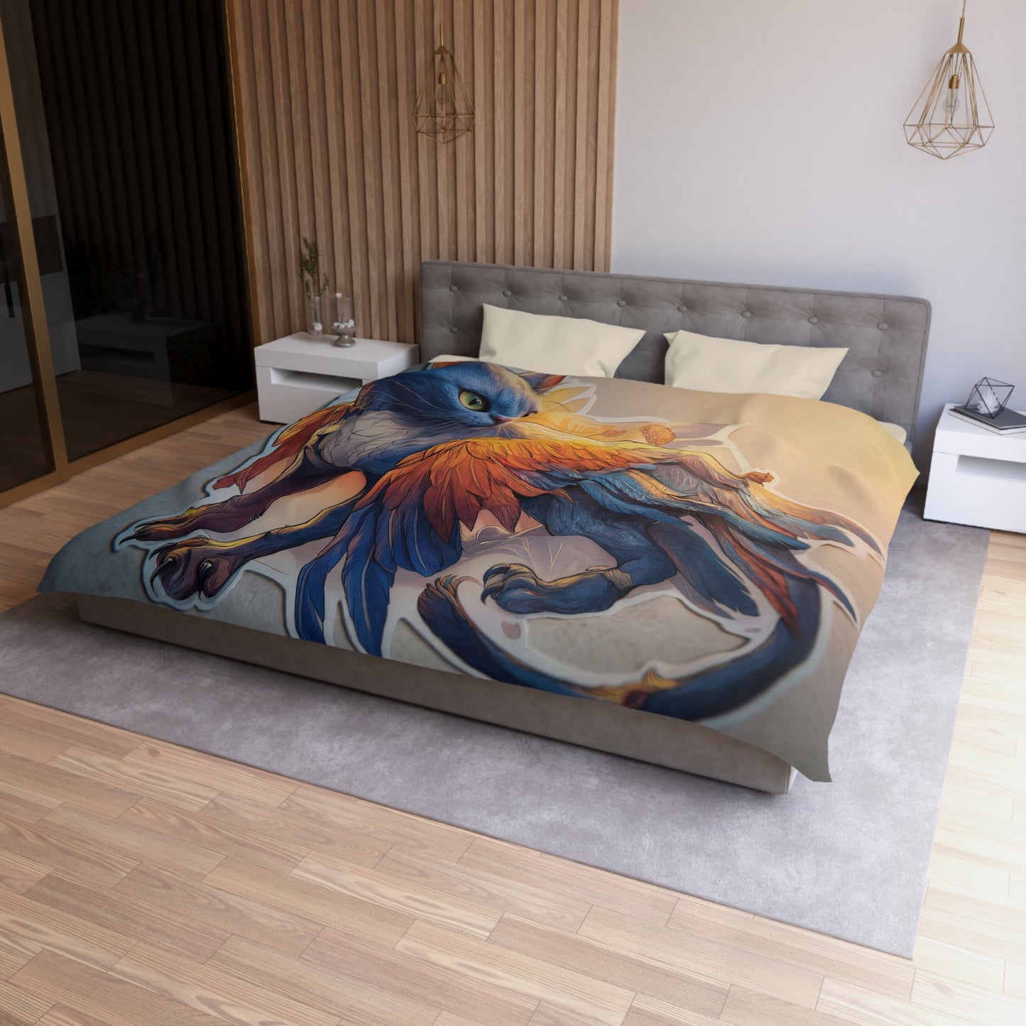 Azure Winged Cat Microfiber Duvet Cover – Sunset Feather Dreamscape