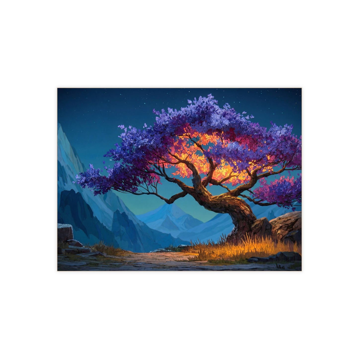 Celestial Tree Ceramic Photo Tile – Twilight Bloom Against Snow Peaks
