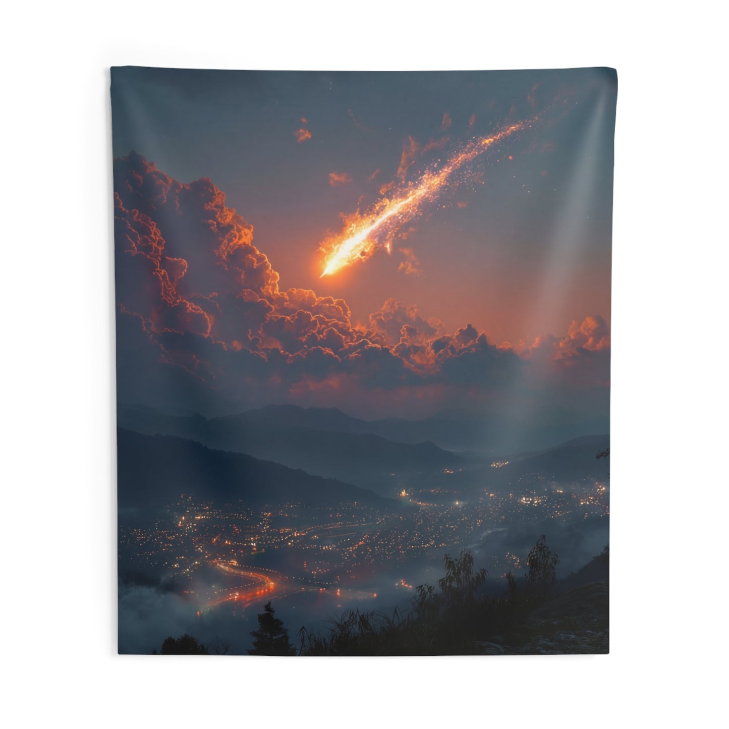 Celestial Fireball Indoor Wall Tapestries – Skyfall Over Mountain Vale