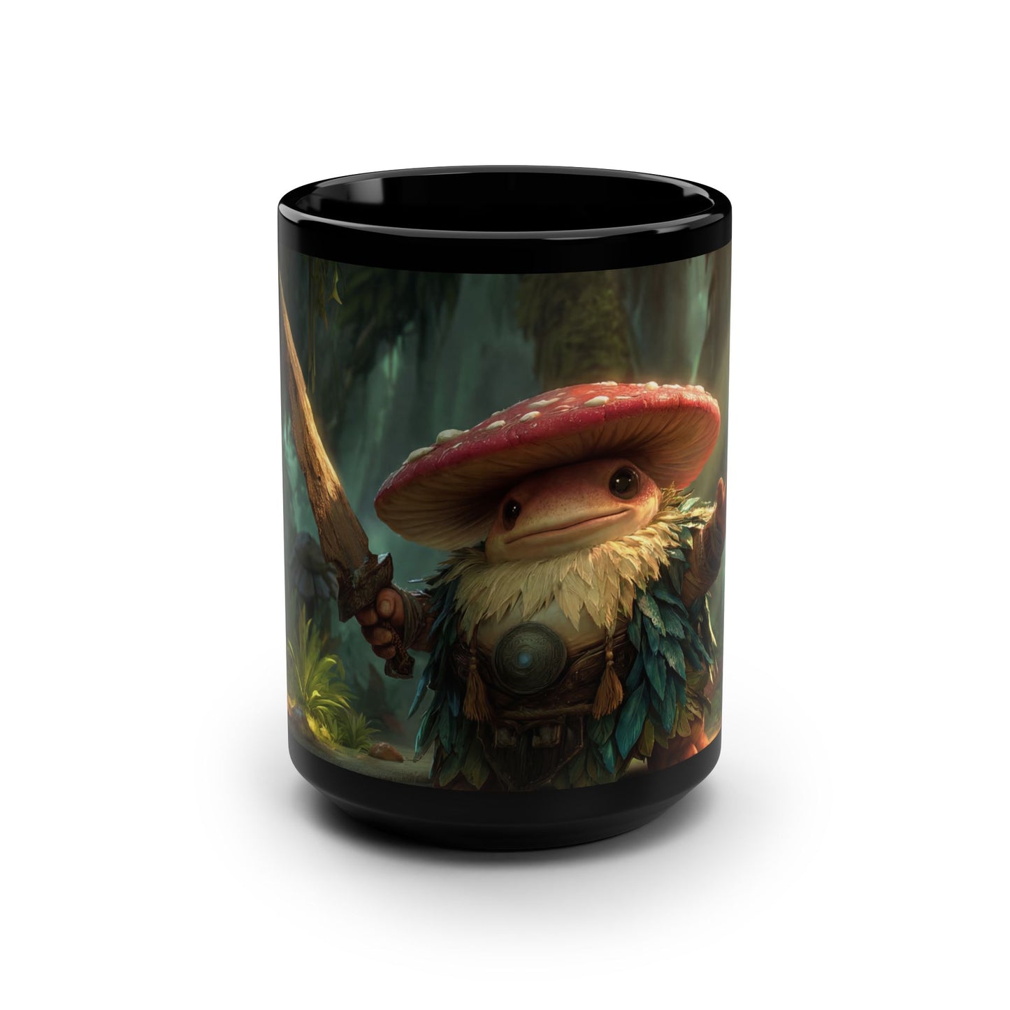 Mushroom Knight Black Mug, 15oz – Verdant Guardian with Sword
