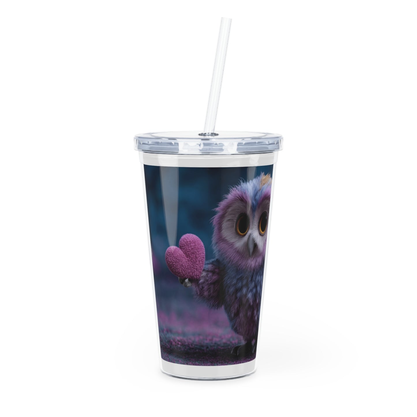 Velvet Owl with Heart Plastic Tumbler with Straw – Midnight Whimsy in Soft Hues