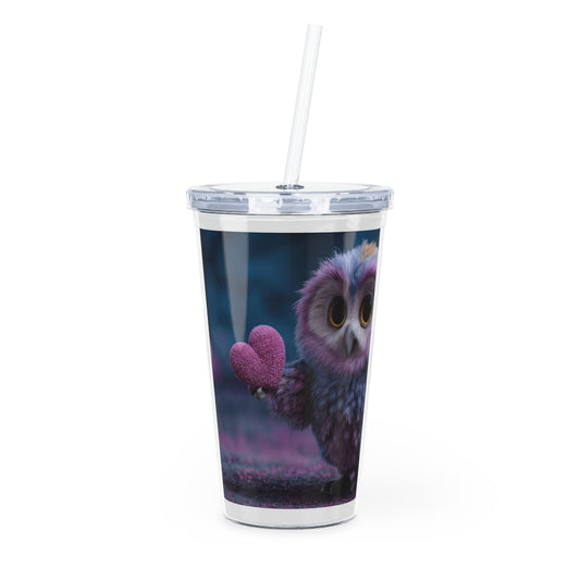 Velvet Owl with Heart Plastic Tumbler with Straw – Midnight Whimsy in Soft Hues
