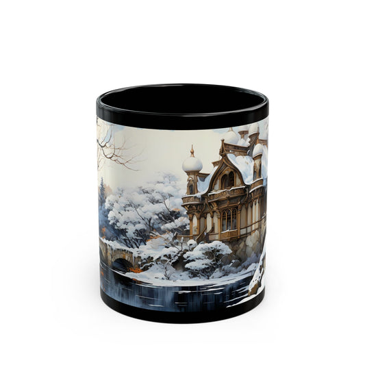 Winter Castle by the Frozen Stream Black Mug – Snow-Capped Dreamscape