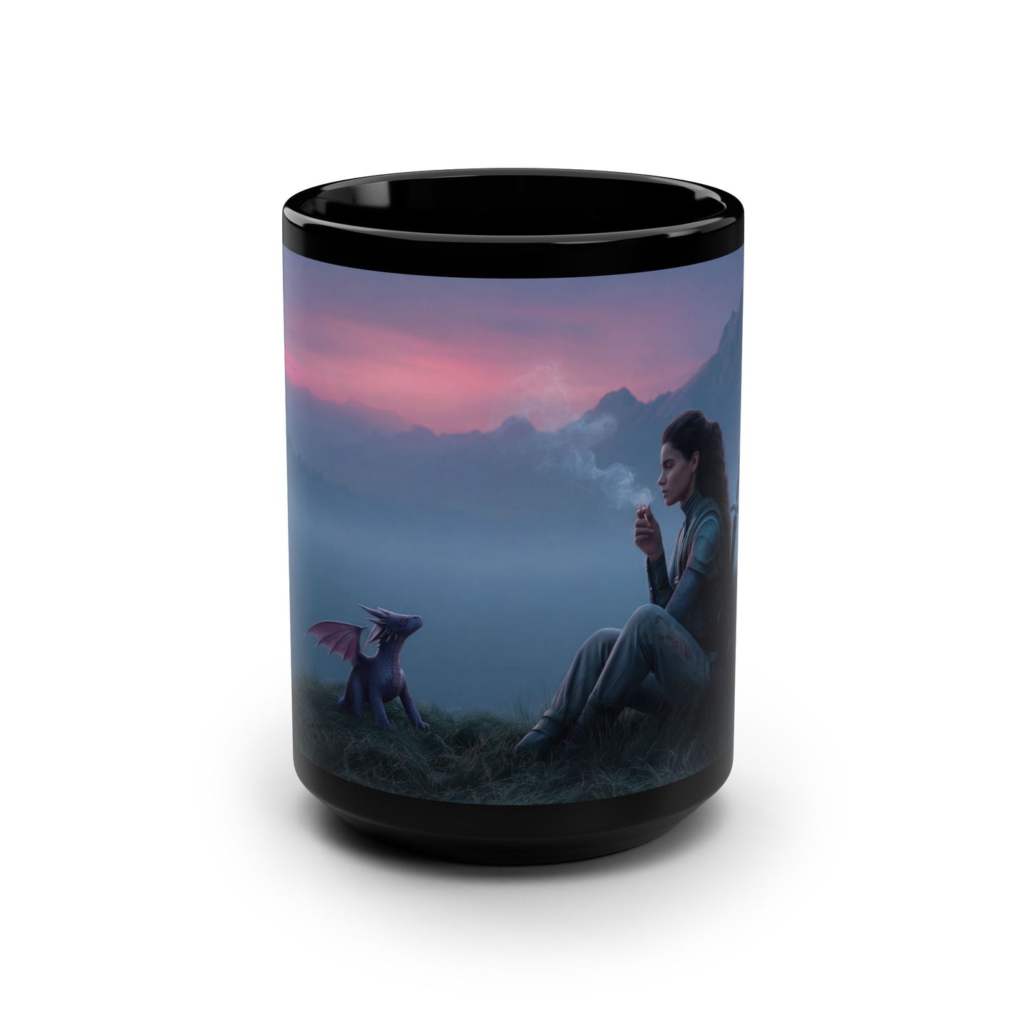 Sentinel and Spark Black Mug, 15oz – Misty Dawn Mountain Guardian