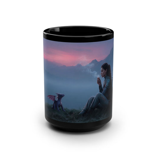 Sentinel and Spark Black Mug, 15oz – Misty Dawn Mountain Guardian