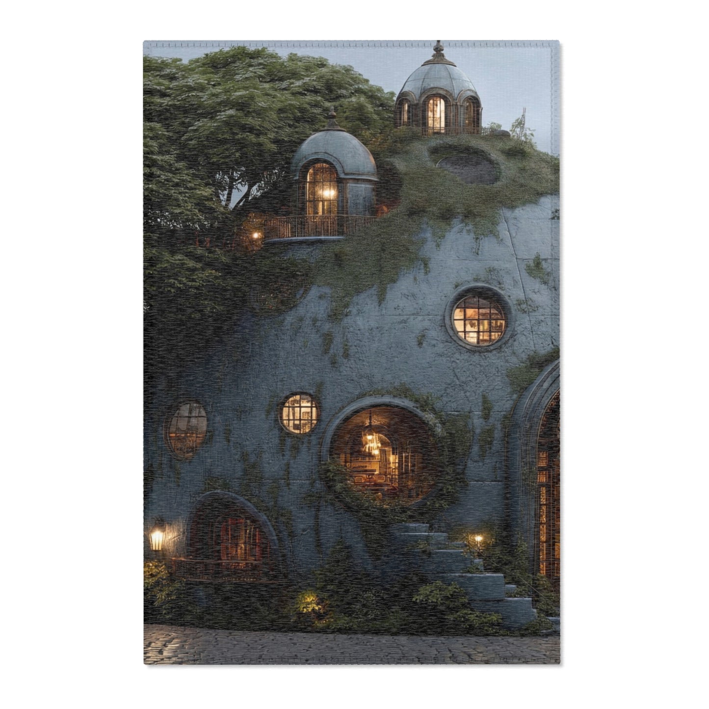 Sky-Rooted Dwelling Area Rug – Moss-Covered Dome House Dreamscape