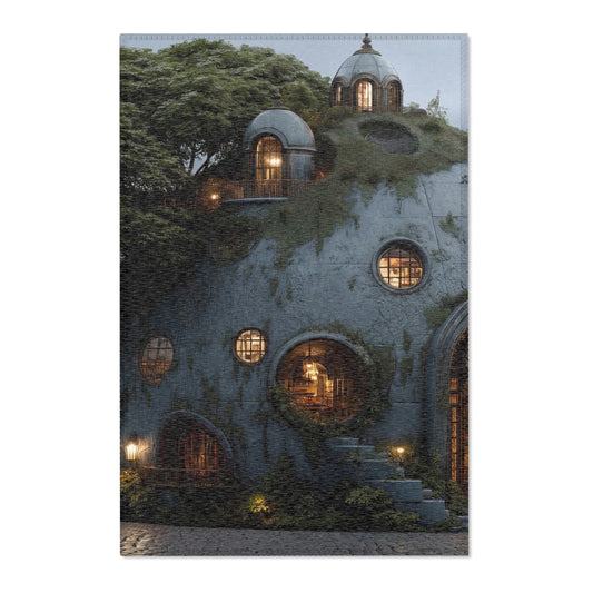 Sky-Rooted Dwelling Area Rug – Moss-Covered Dome House Dreamscape