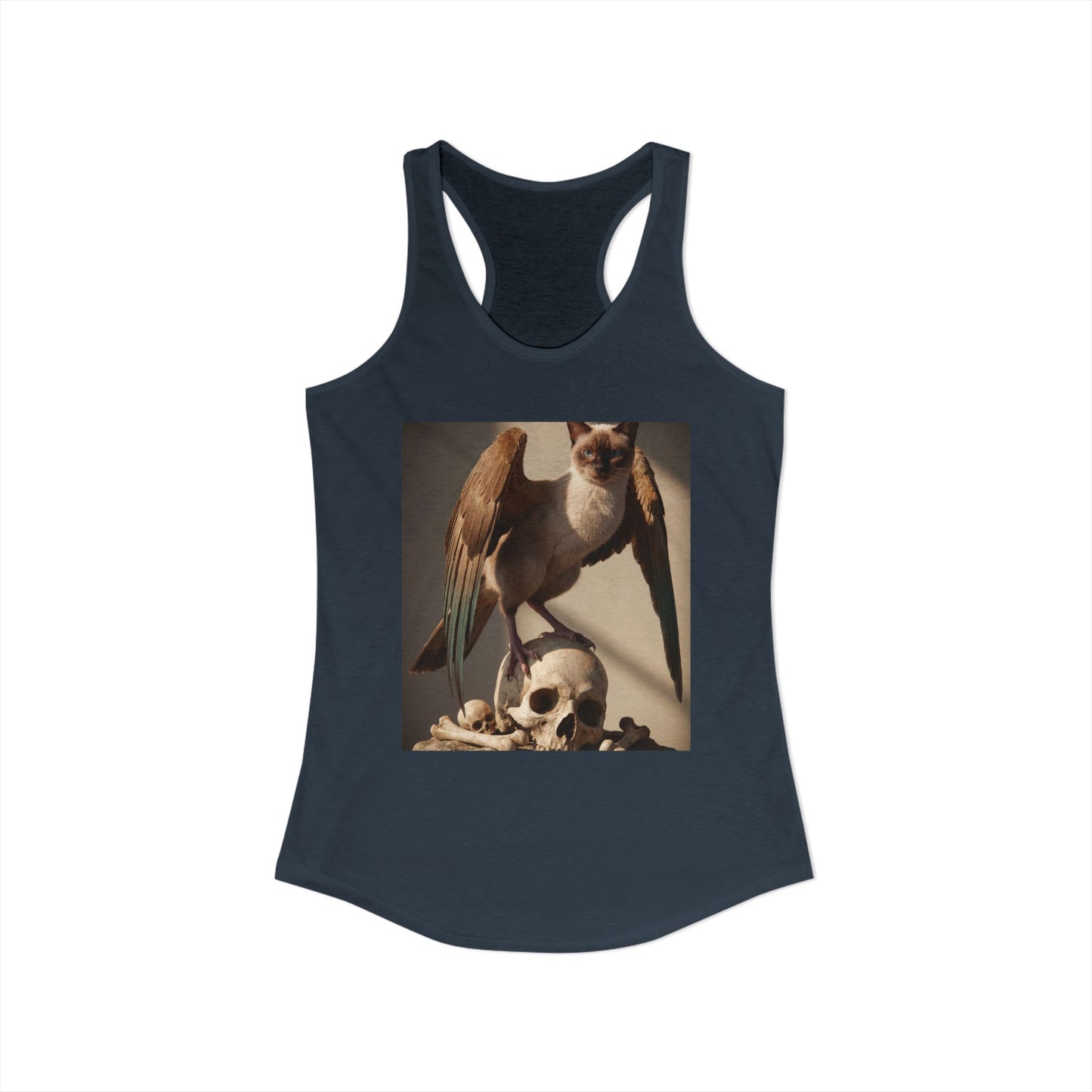 Winged Siamese Cat Guardian Racerback Tank – Feathered Sentinel with Skull