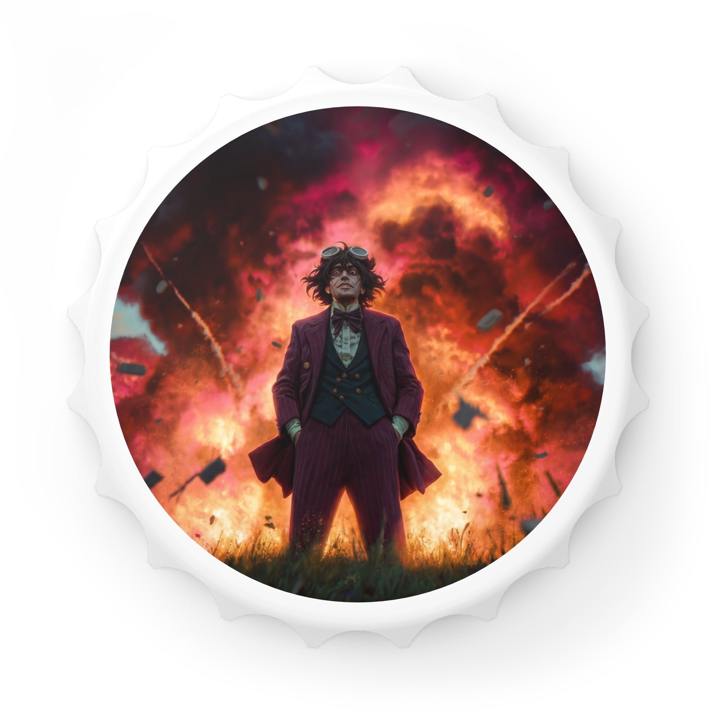 Mad Scientist Amidst Crimson Blast Bottle Opener – Unapologetic Chaos Theory