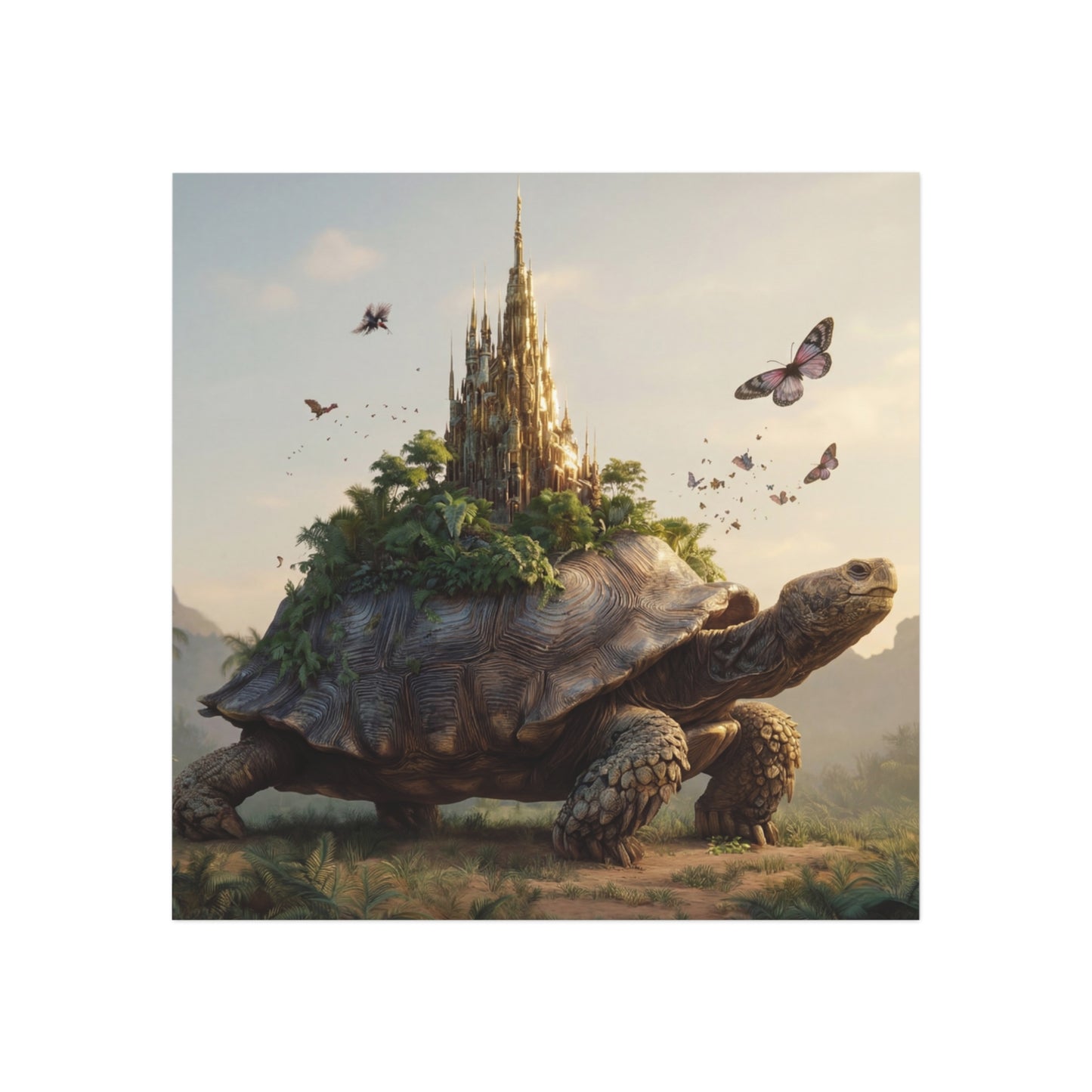 Castle on Turtle Back Square Magnet – Sunlit Fantasy Sanctuary
