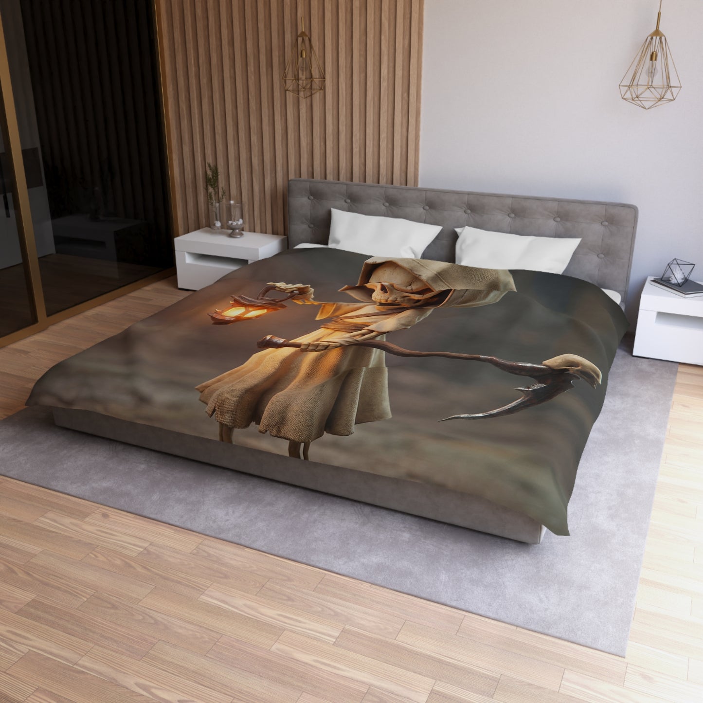 Lantern-Bearing Reaper Microfiber Duvet Cover – Warm Glow Through Twilight Shadows